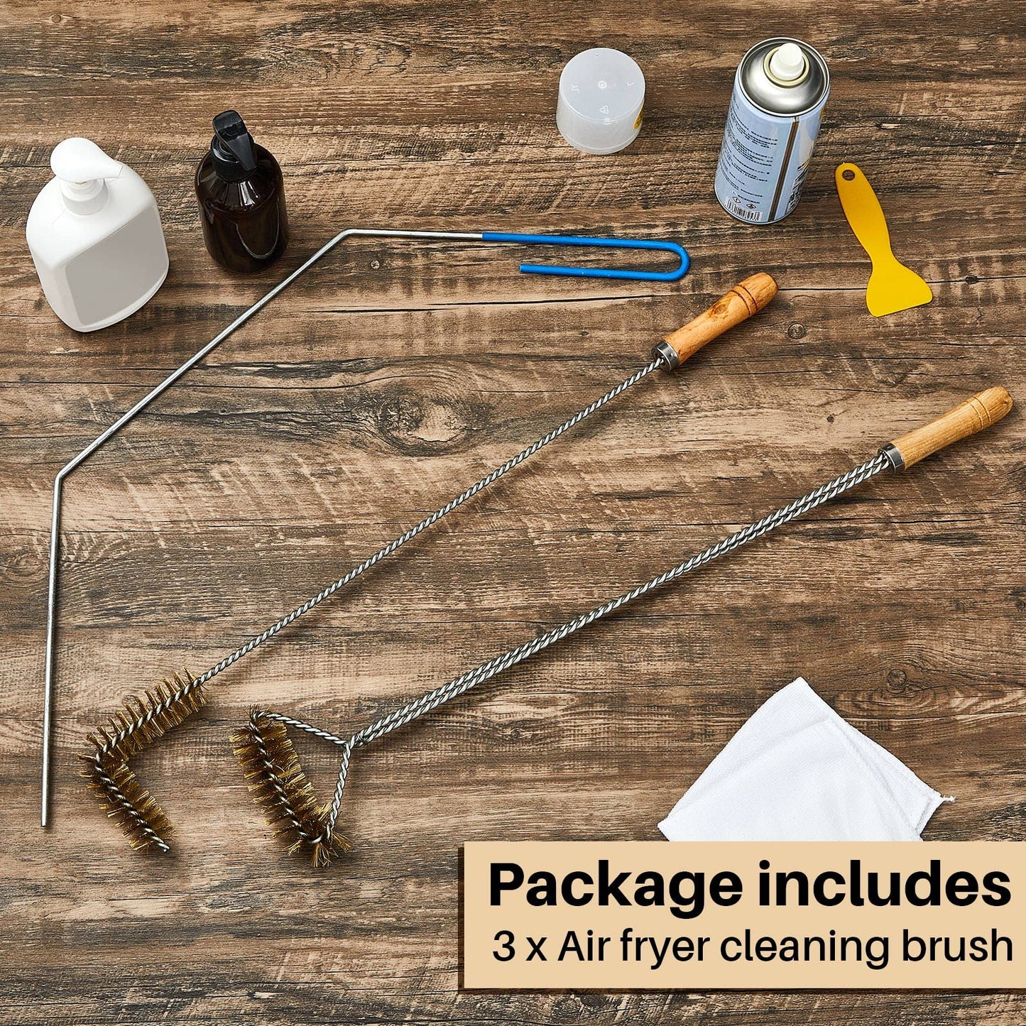 Nuenen 3 Pieces Fryer Cleaning Tools Including L Shaped Fryer Cleaning Brush, Deep Cleanout Rod and Long Handle Basket Brush, Good to 750f for Restaurant Accessories