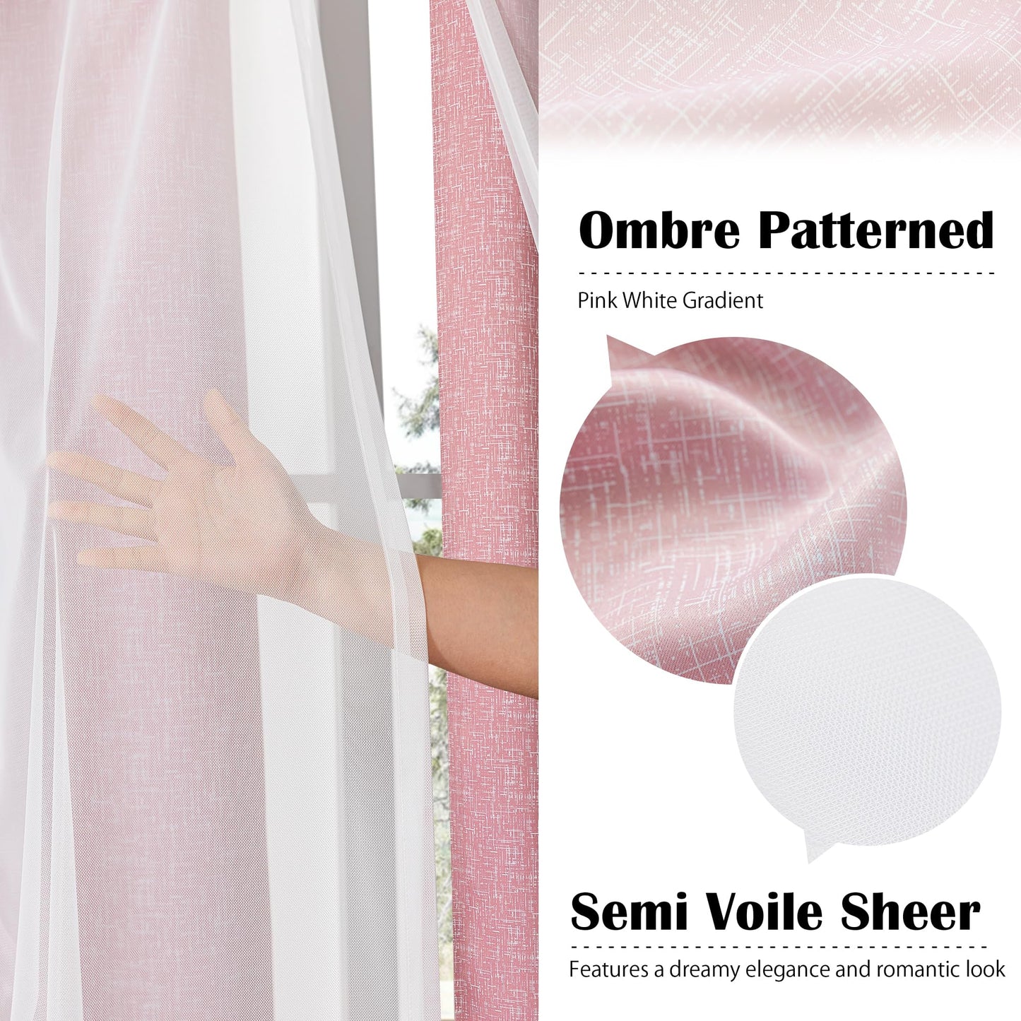 Geomoroccan Ombre 100% Blackout Curtains 84 Inches Long 2 Panels for Girls Bedroom Living Room Pink and White Double Layer Sheer Overlay Mix & Match Grommet Thermal Soundproof Drapes with Tiebacks