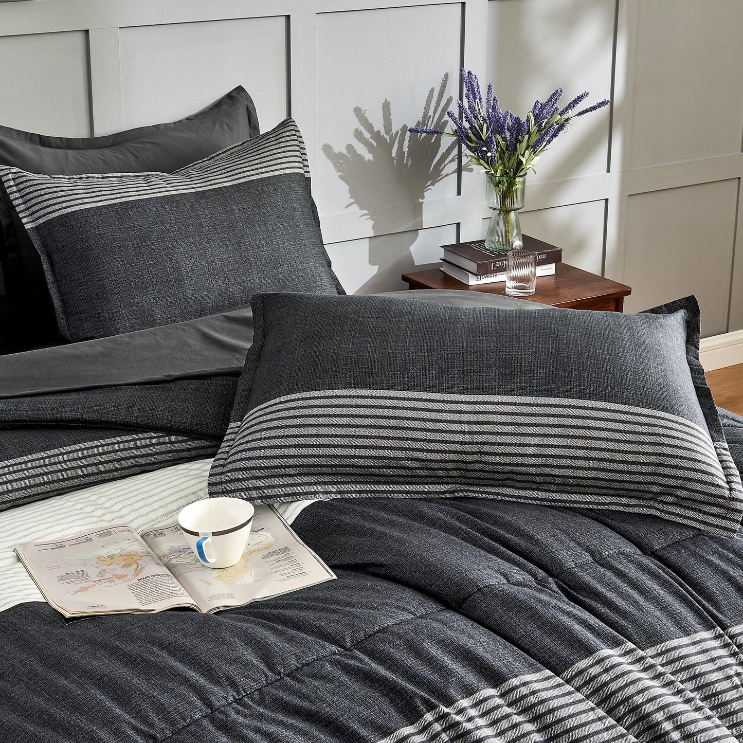 Andency Queen Comforter Set 7 Pieces Bed in a Bag - Black White Grey Striped Lightweight Soft All Season Queen Size Bedding Set with Comforter, Fitted & Flat Sheet, Pillowcases & Shams