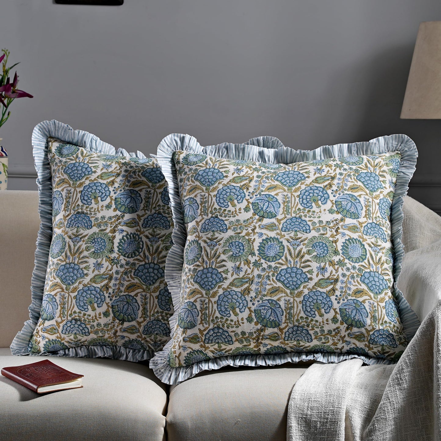Ridhi Block Print Asparagus Green Throw Pillow Cover 20" x 20" (Pack of 2) Decorative Cushion Covers with Ruffle for Couch, Sofa, Bed, Living Room, Home Decor Gift for Spring, Easter, Valentine