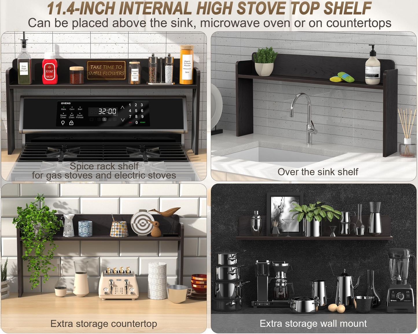 MyLifeUNIT Over The Stove Shelf, 31.5" Wood Stove Top Shelf for Back of Gas Stove, Electric Stove or Curved Stove Spice Rack Shelf for Countertop, Black