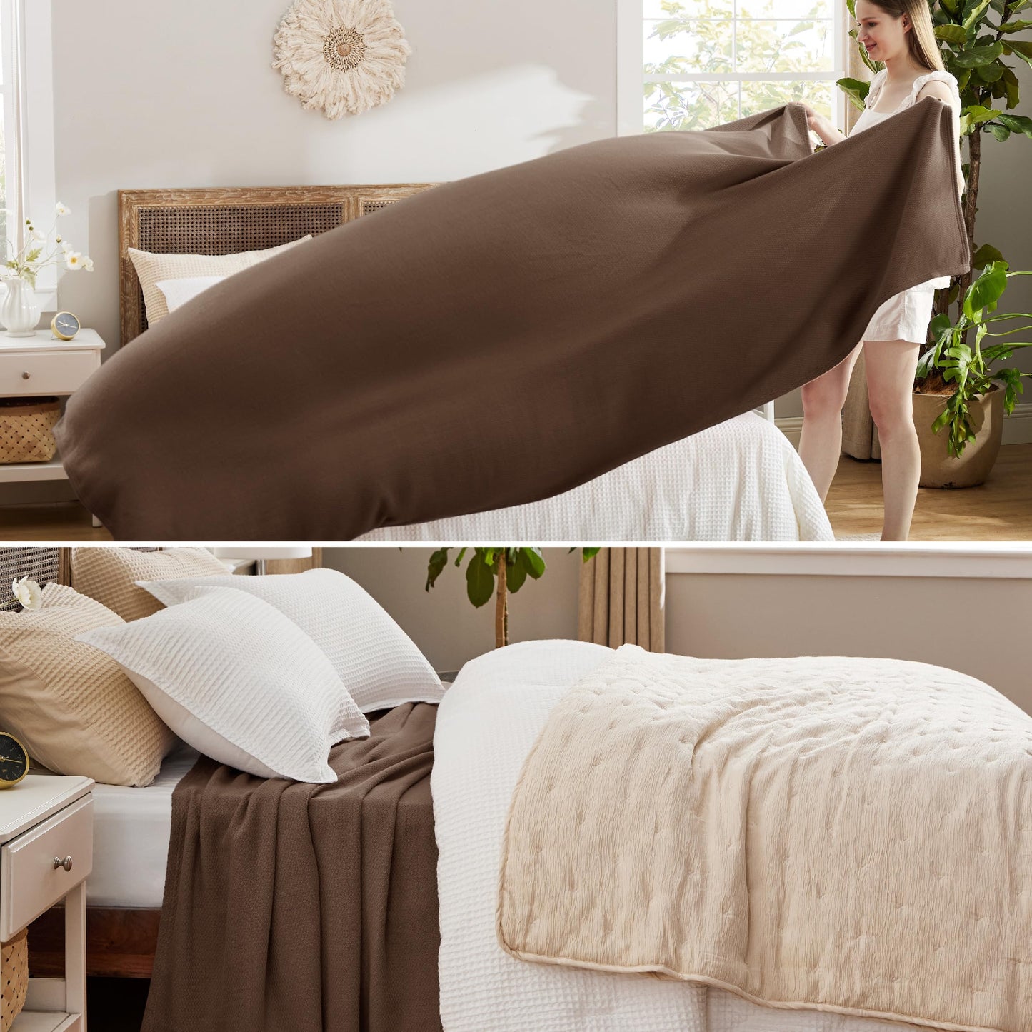 Bedsure GentleSoft 100% Cotton Blanket King Size for Bed - Breathable and Lightweight, Soft Cozy Textured Herringbone Woven Blanket for Summer, Brown, 108x90 inches