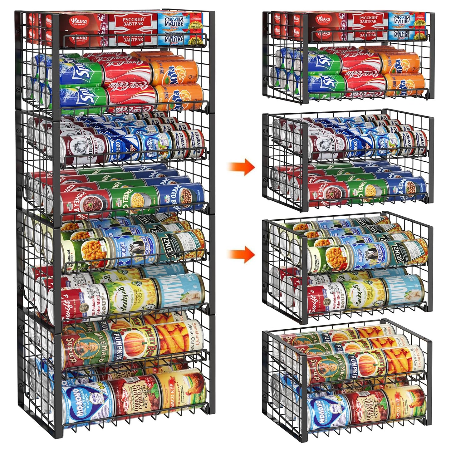 JKsmart 2-Tier Stackable Rack Organizer for Pantry, Adjustable Dispenser Holds Up to 120 Cans, Storage Holder for Various Ounces of Canned Drinks, Black, 4 Pack