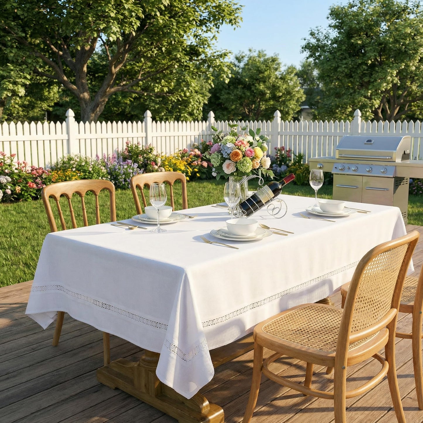 EHouseHome Fabric Table Cloth of Textile with White Lace-Waterproof/Wrinkle Free/Stain Resistant/Oil Proof-for Dining,Indoor&Outdoor,Wedding,Holiday,White,Rectangle 60x144Inch