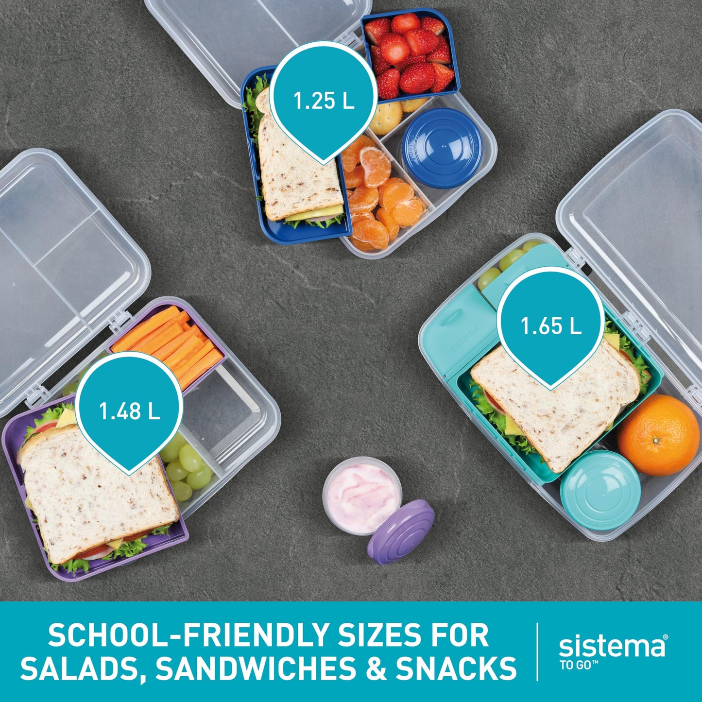 Sistema To Go 1.48L (2-Pack) Bento Box Food Storage Containers, School Lunch Boxes with Removable Dividers & Snack Pot, Two 1.48L Containers, Freezer, Microwave, & Dishwasher-Safe, BPA-Free