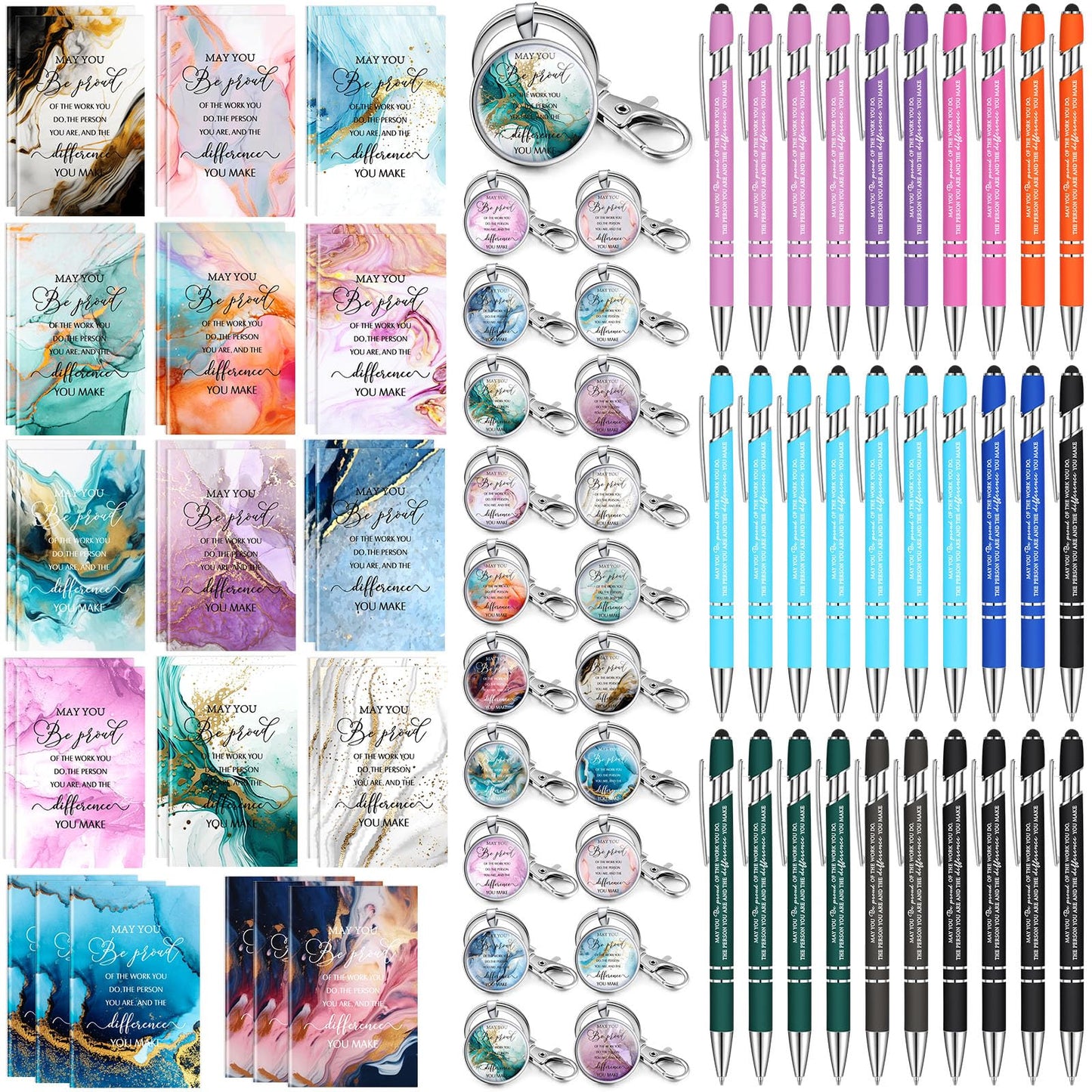 Gueevin 90 Pcs Inspirational CNA Week Gifts Bulk 2026 Employee Appreciation Gift Motivational Notepads Ballpoint Pens Keychains Set Marble Journal Notebook Christian Graduation Gift for Teacher Nurse