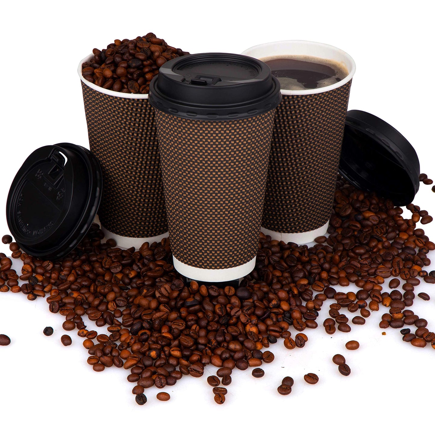 Promora Brown Disposable Coffee Cups With Lids 16 oz, Premium Insulated Paper Ripple Cups for Hot Coffee, Paper Coffee Cup with Lids (80 Pack)