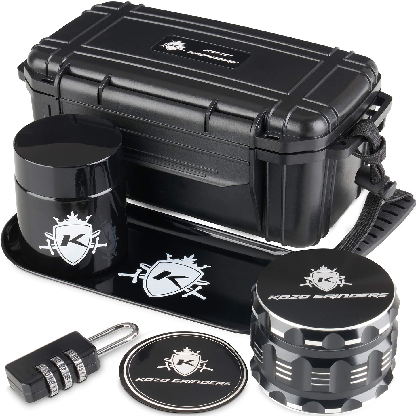 KOZO Rack Premium Black Box with Original Grinders, Tray, and UV Jar. Built-in Lock & Keys - Decorative Storage Rack Set - Perfect for Your Accessories