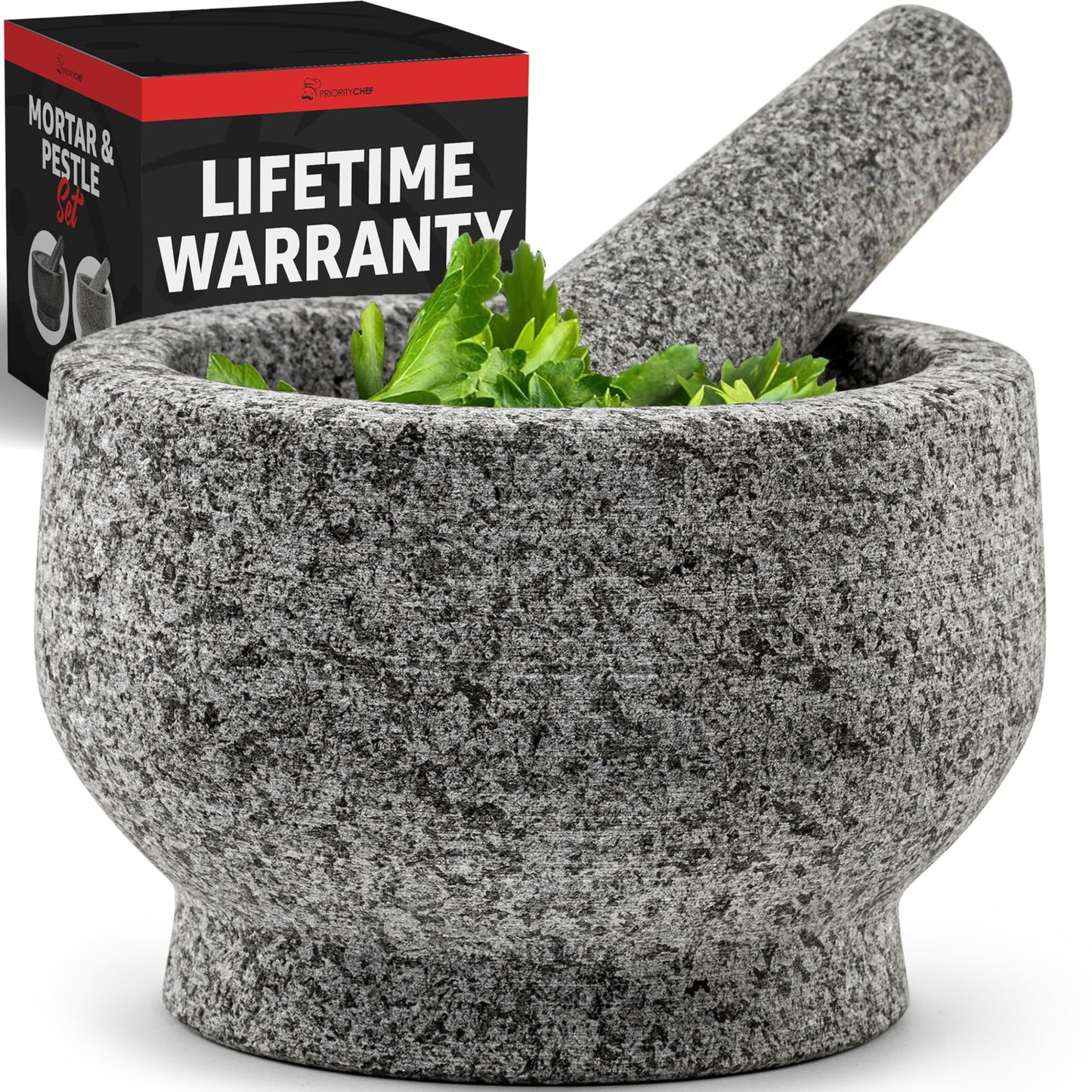 PriorityChef Mortar and Pestle Set, Heavy Duty Natural Granite, Make Fresh Guacamole at Home, Solid Stone Grinder Bowl, Herb Crusher, Spice Grinder, 1.5 Cup Size, Unpolished Grey