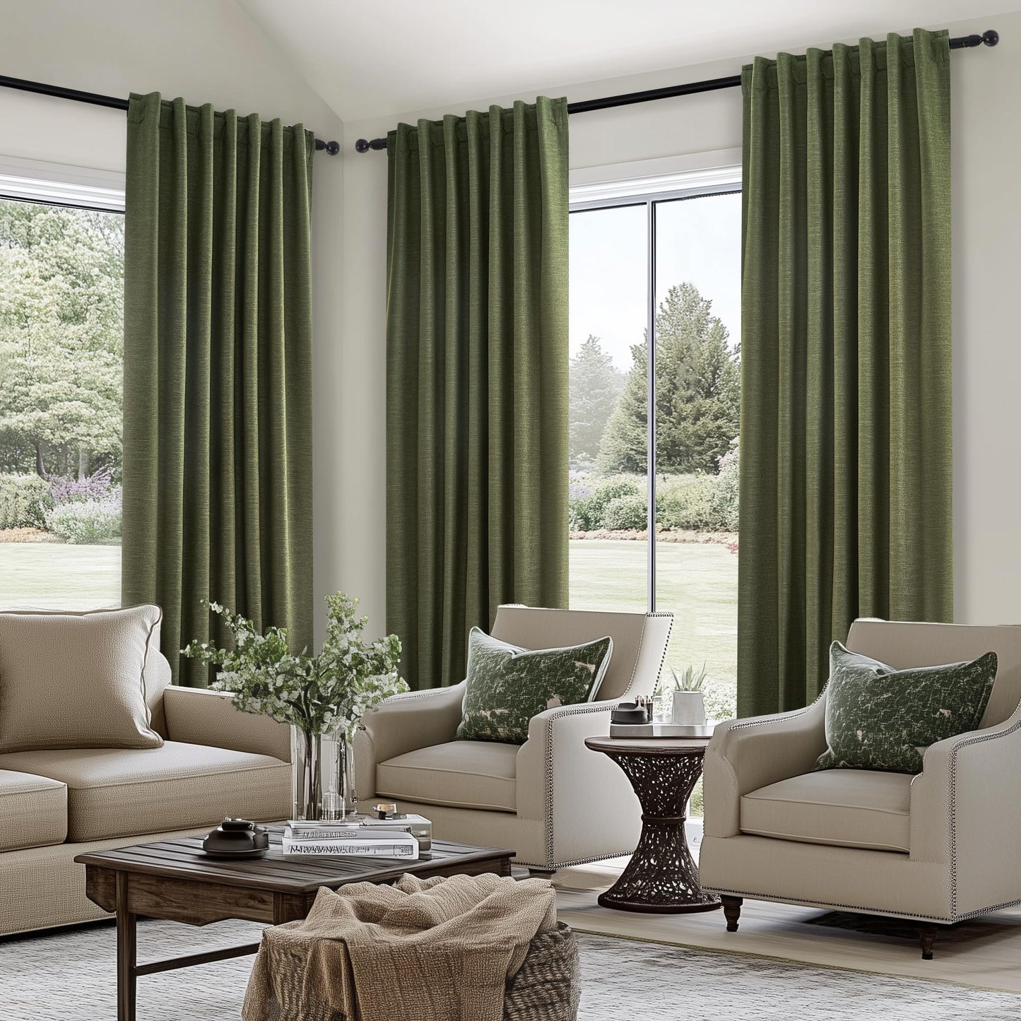Topfinel Olive Green Linen Blackout Curtains 84 Inch Long for Living Room,Pinch Pleated Drape with Hooks Back Tab Boho Decor, Olive Forest Loden Full Black Out Curtains for Bedroom