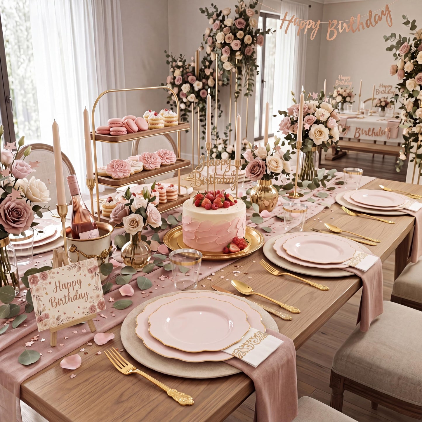 NOCCUR 175PCS Pink Plates with Gold Disposable Silverware - Include 50 Pink Plastic Plates,25 Knives,25 Forks,25 Spoons,25 Cups and 25 Napkins - Ideal for Party/Wedding/Banquet/Baby Shower