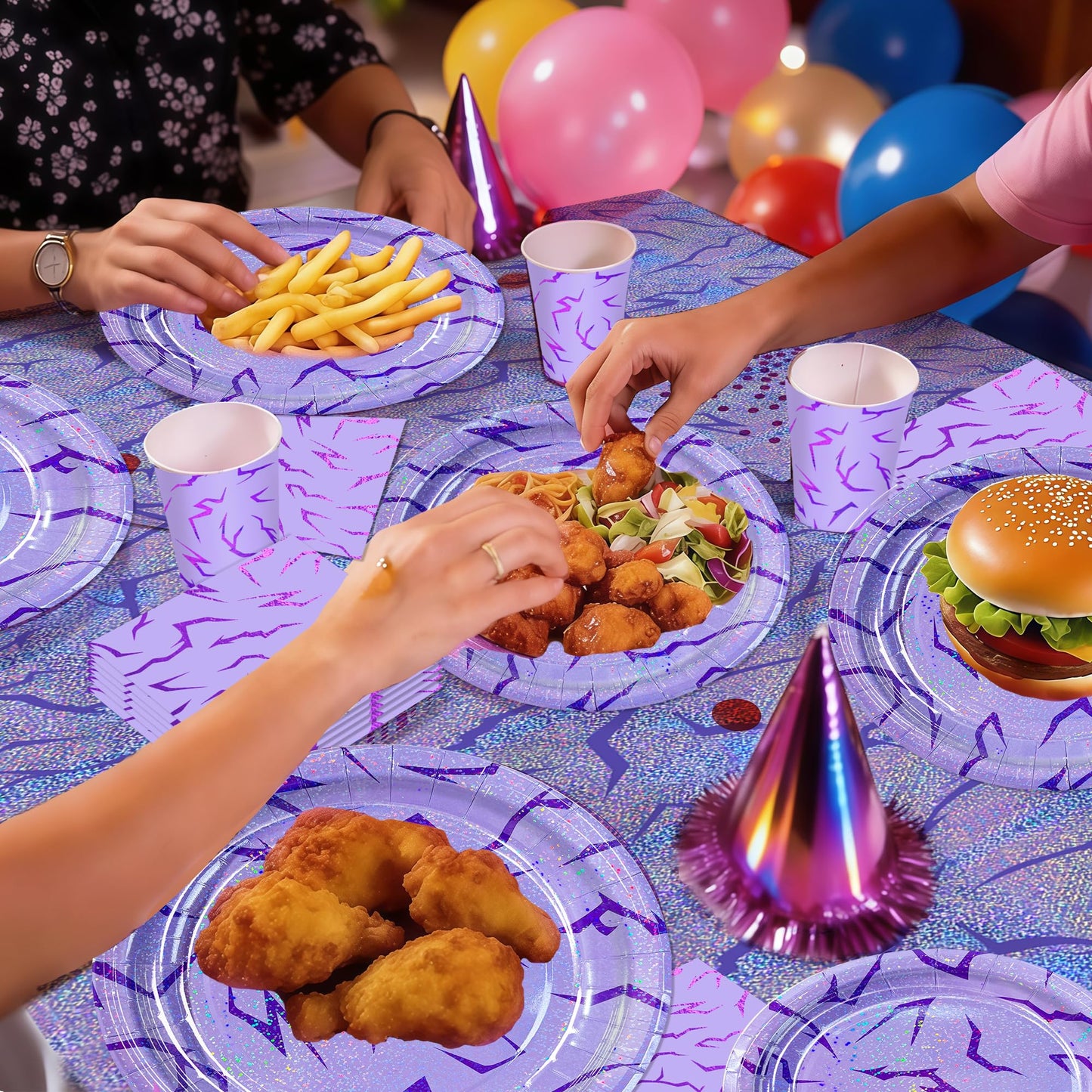 Demon Hunter Birthday Tableware Decor for 20Guests, Purple Holographic Laser Energy Pattern Plates Cups Napkins Tablecloth Cutlery, Sparkling Korean Idol Movie Decoration for Party, Birthday, Bachelor