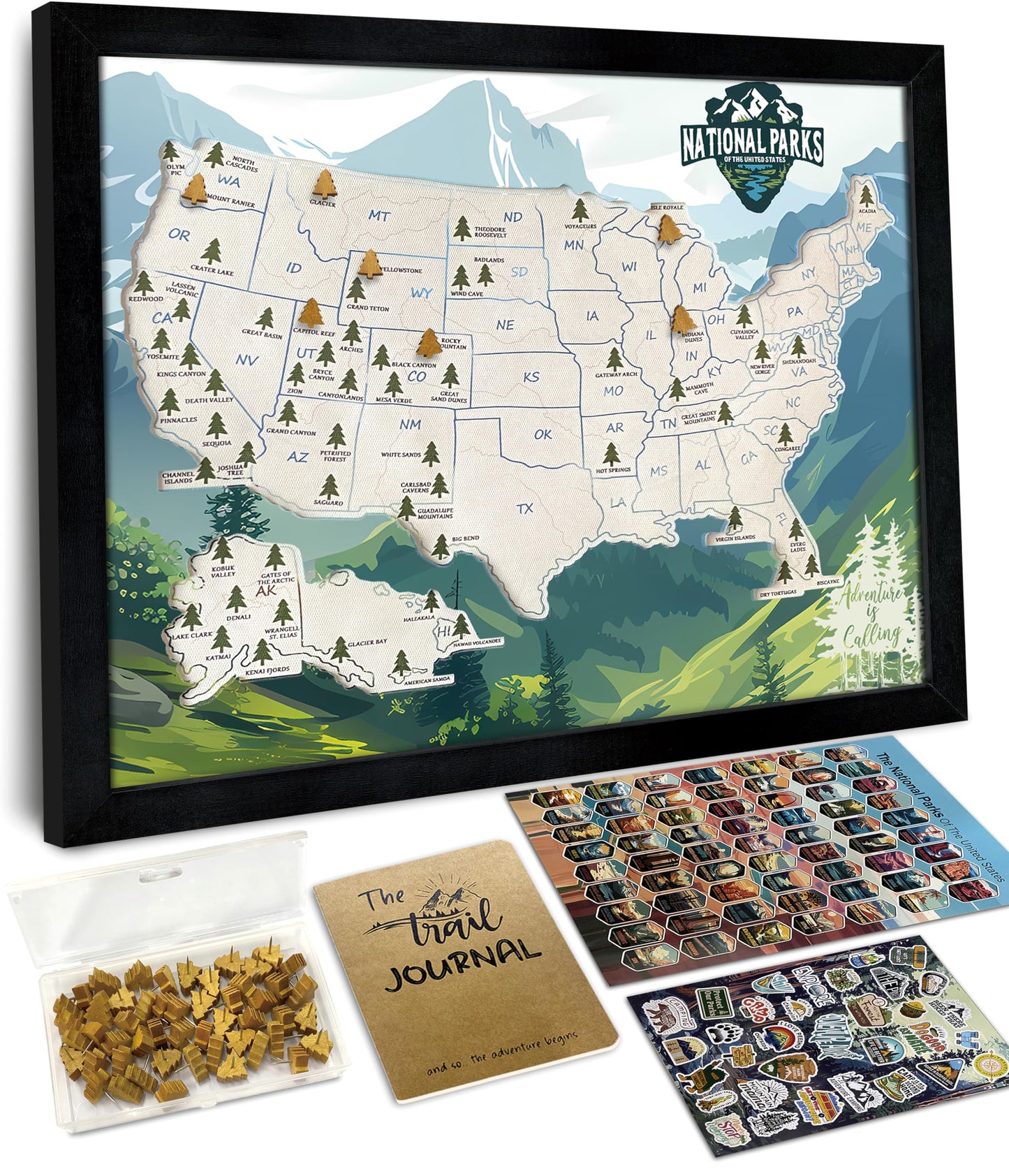 flinelife National Parks Map With Wooden Pine Tree Pins, 13X11, National Park Bucket List Cork Map, Perfect for National Parks Lovers, Hiker, Couples and Families Gift