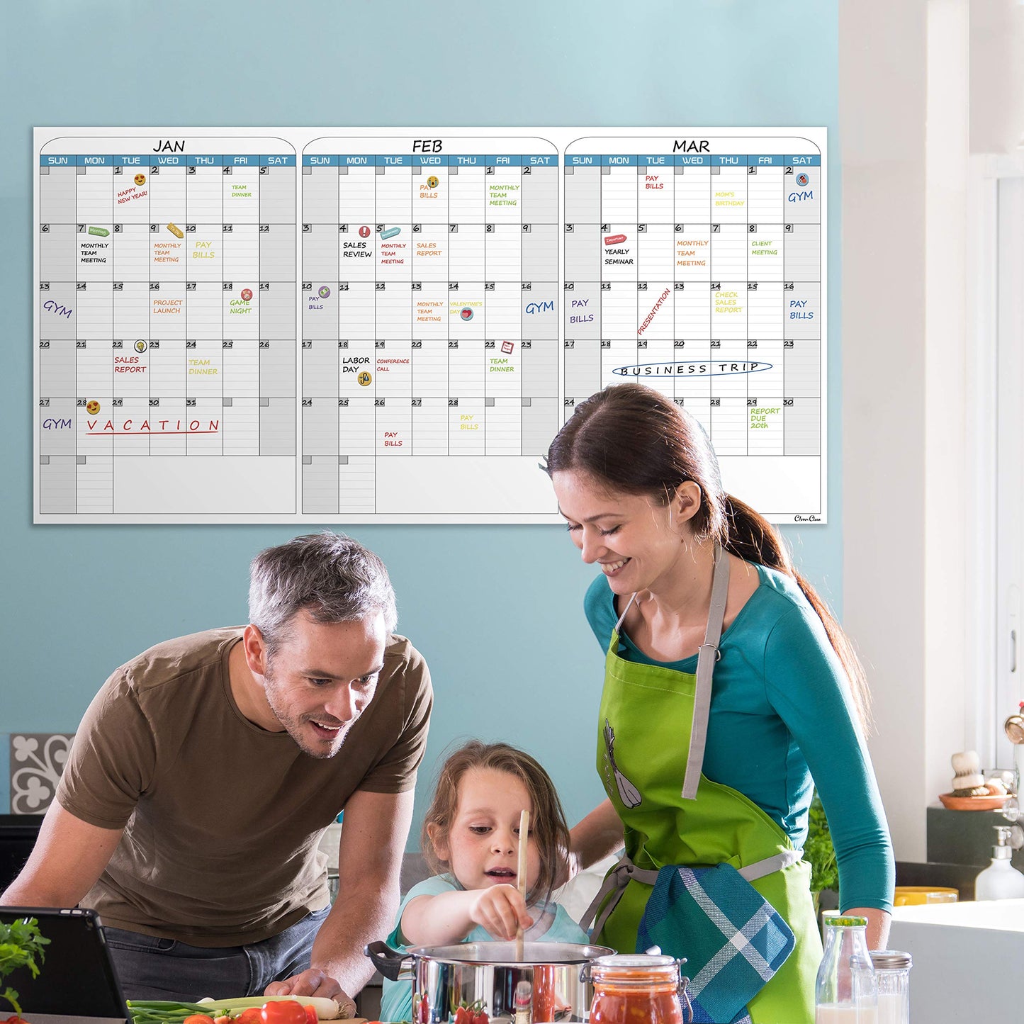 CLEVER CLEAN Large Dry Erase Wall Calendar - 36"x72" Undated 3-Month Calendar for Home, School, Office Projects - Jumbo Reusable Task Organizer