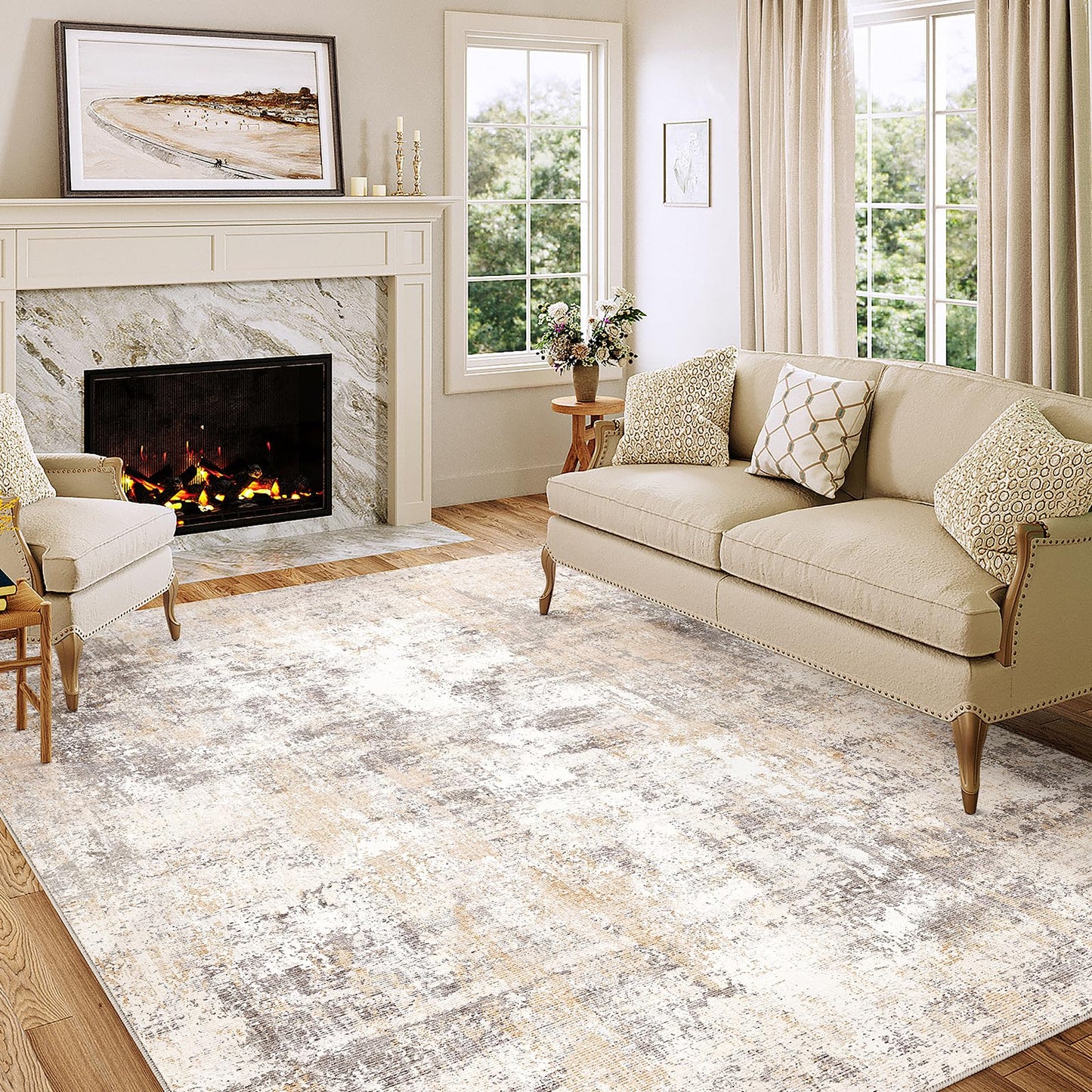 WondRg 5x7 Washable Area Rug Beige Grey Abstract Non Slip Soft Low Pile Rug for Living Room Bedroom Dining Room Office Neutral Modern Indoor Throw Carpet for Home Decor