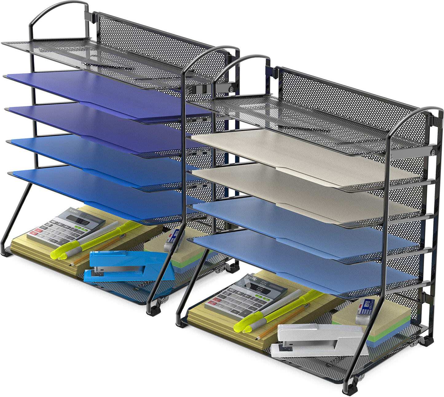 Simple Houseware 6-Tier Sliding File Organizer, Desk Letter Tray for Document and Mail Sorting, Black, 2 Packs