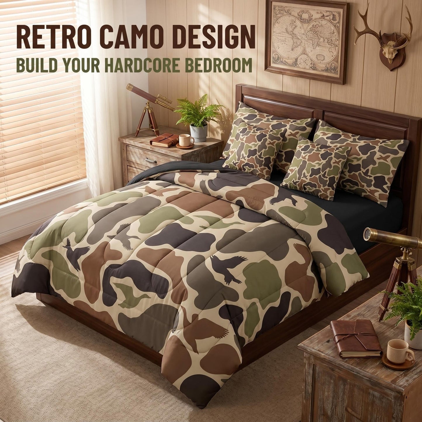 Erosebridal Green Camo 7 Pcs Comforter Set Full Duck Huner Bedding Set Army Hunting Comforter for Teens Men Camouflage Military Bed in A Bag Sheet Set Boys Wild Woodland Rustic Bedroom Decor