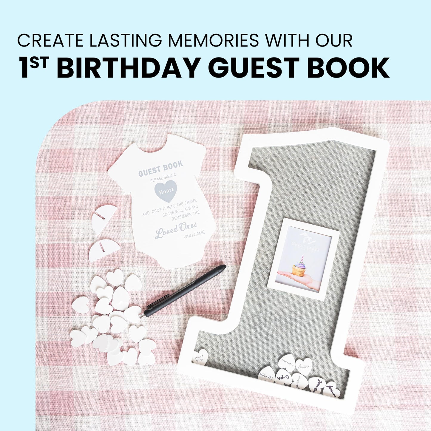 Great Lakes Memories GLM Adorable First Birthday Decorations - Guest Book Alternative for a 1st Birthday Celebration, 1st Birthday Boy or Baby Girl 1st Birthday Decorations