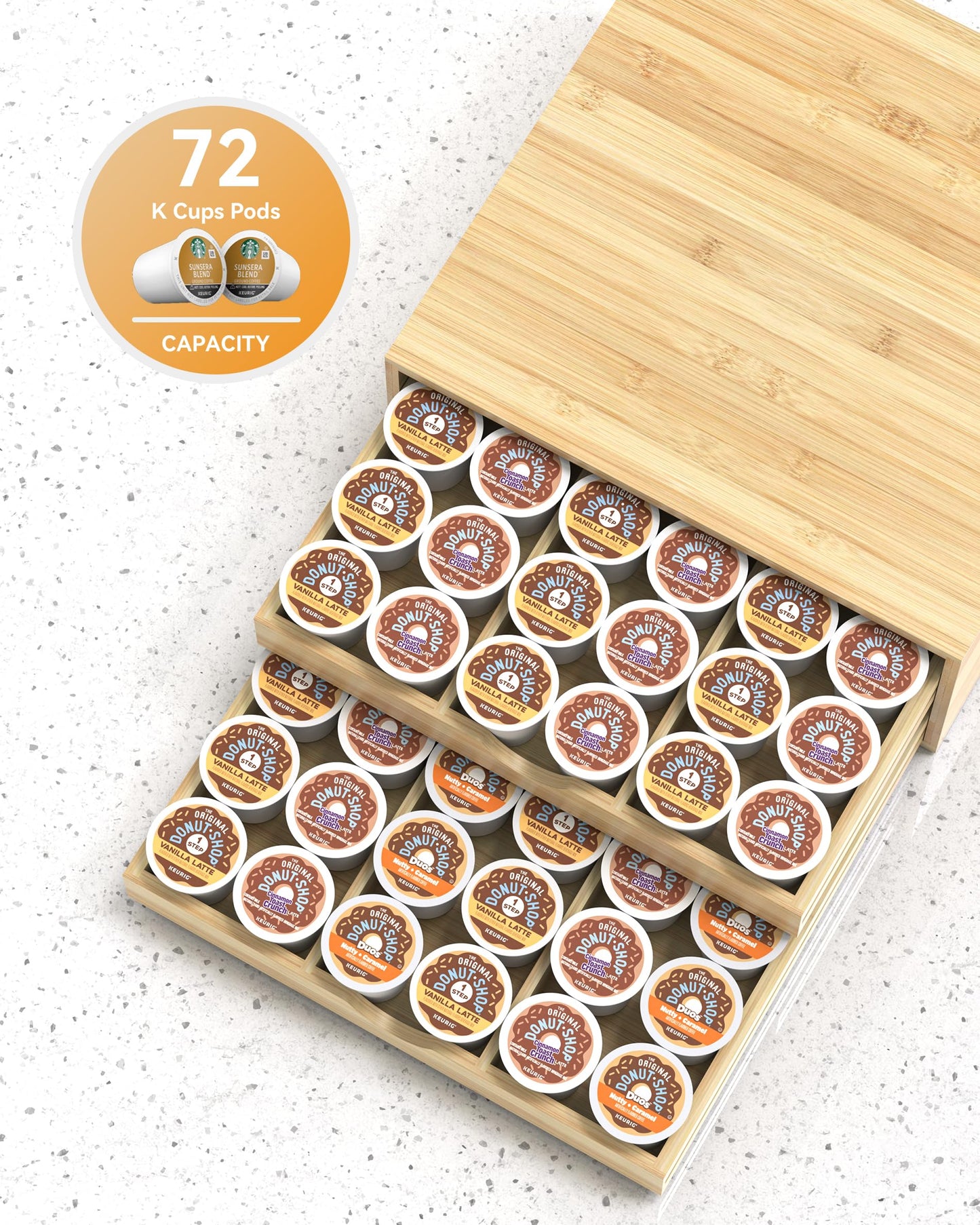 WELL WENG Bamboo Coffee Pod Drawer Organizer Compatible with K-Cups, Under Cabinet Coffee Station Storage Rack, Natural Wood Capsule Holder for 72 Pods, Countertop Coffee Machine Stand