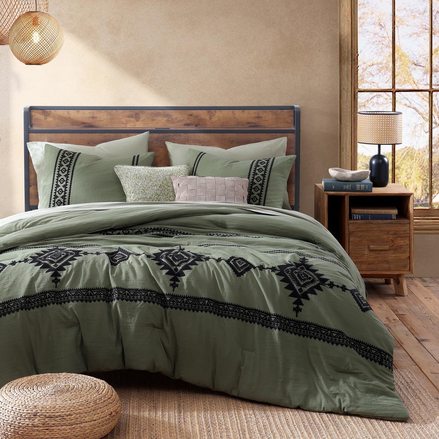 MAIREVE Olive Green Embroidery Comforters Set Queen Size - 7 Pieces, Farmhouse Western Bedding All Season Bed in A Bag Queen, Boho Comforter Set with Sheets, Pillowcases & Shams