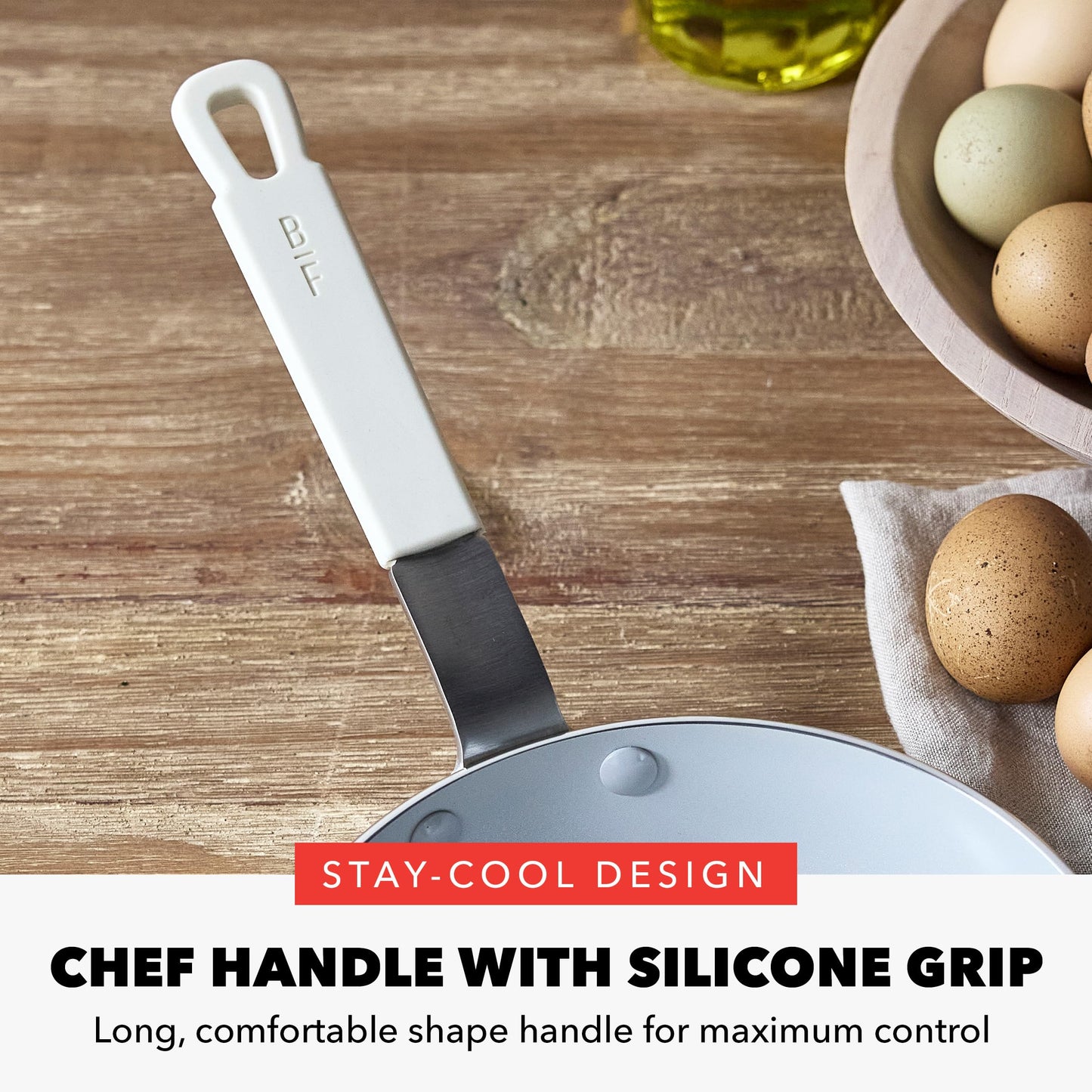 GreenPan x Bobby Flay 8" Nonstick Frying Pan Skillet, PFAS-Free Diamond Ceramic, Induction Suitable, Stay-Cool Silicone Handle, Easy Clean Dishwasher & Oven Safe, Egg & Omelet Pan, Cream