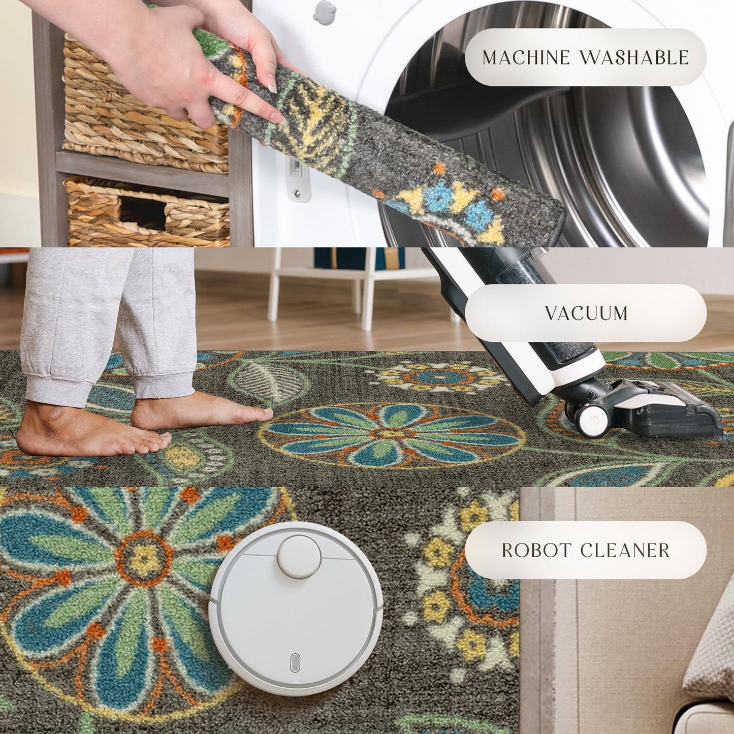 Maples Rugs Reggie Floral Kitchen Rug - Made in USA - Washable, Non Slip Indoor Carpet for Entryway, Foyer, Kitchen, and Bathroom, 2'6 x 3'10, Dark Grey