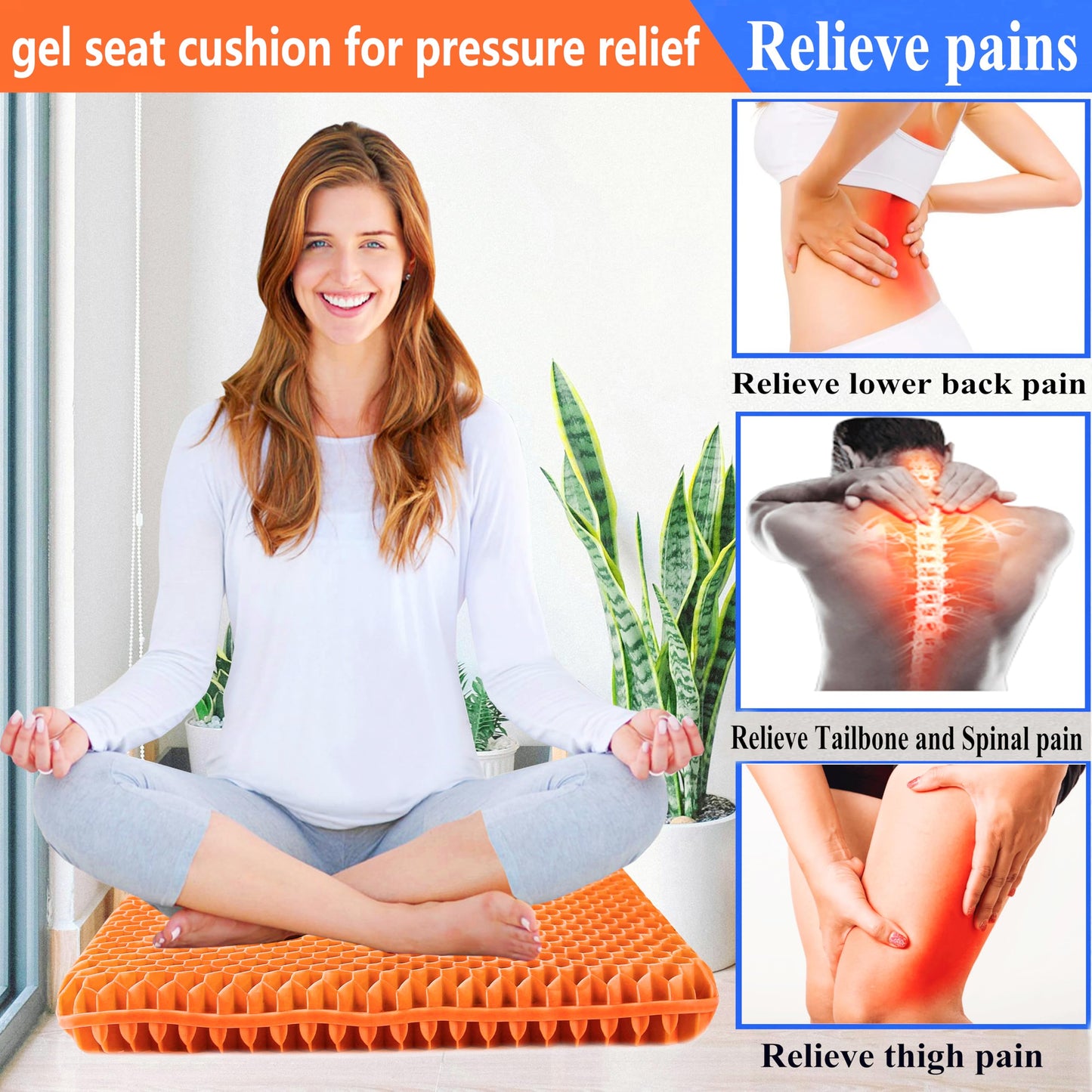 Plus Size Gel Seat Cushion for Long Sitting, Extra Large and Thick, Gel Cushion for Back, Hip, Sciatica, Tailbone Pain Relief, Use for The Office, Wheelchair, Car, Recliner, Stadium, Kayka.(Orange)