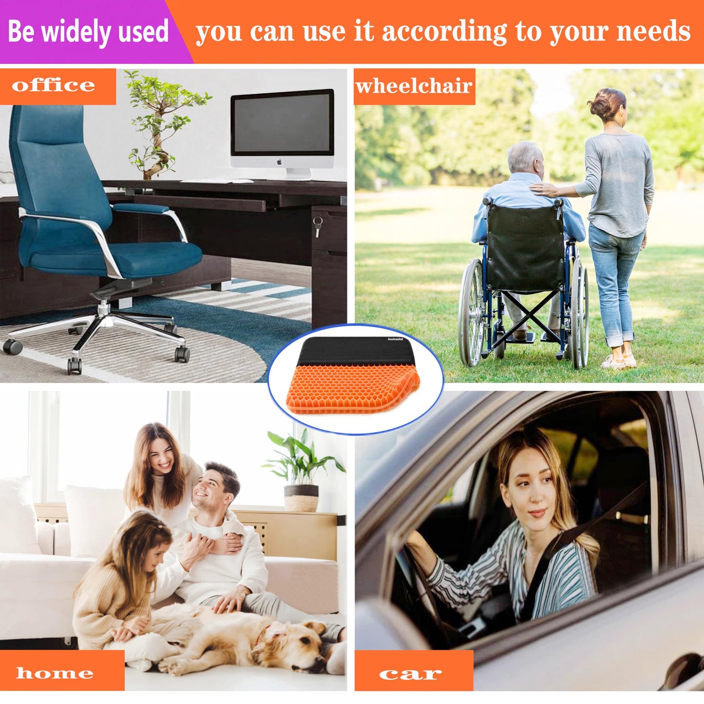 Plus Size Gel Seat Cushion for Long Sitting, Extra Large and Thick, Gel Cushion for Back, Hip, Sciatica, Tailbone Pain Relief, Use for The Office, Wheelchair, Car, Recliner, Stadium, Kayka.(Orange)