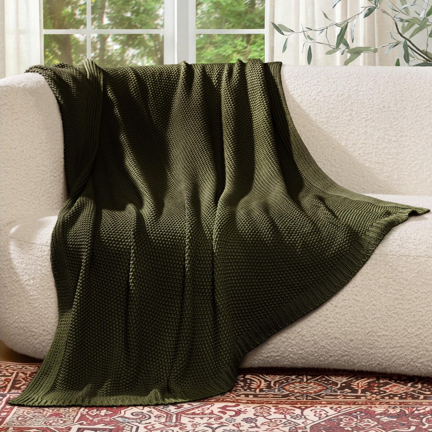 blunique 100% Cotton Cable Knit Throw Blanket, Lightweight Soft Knit Blanket for Sofa Couch Bed, Breathable All-Season Throw, Cozy Decorative Blanket, 50 x 60 Inch,Olive Green