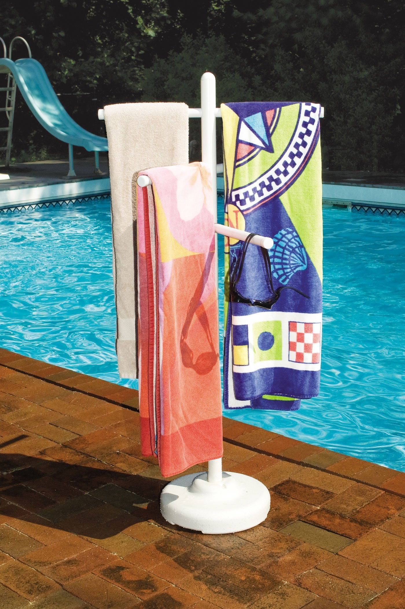 SWIMLINE HYDROTOOLS 89032 Free Standing Poolside Adjustable-Towel Rack With Water Weighted Base Three Arms Tier For Outdoors & Indoors Pool Patio Bathroom Accessory Holder Bar Drying-Stand