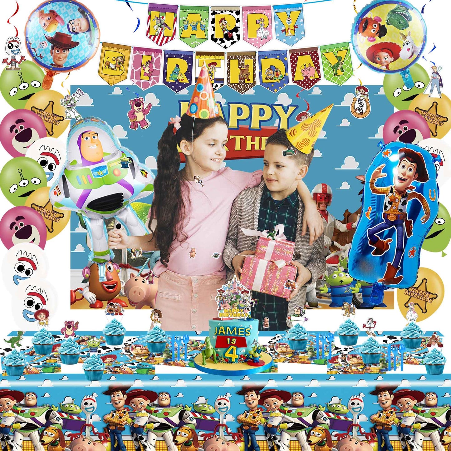 Cartoon Birthday Decorations, Cartoon Party Supplies - Happy Birthday Banner Balloons Plates Backdrop Cake Toppers Tablecloth Hanging Swirls Stickers