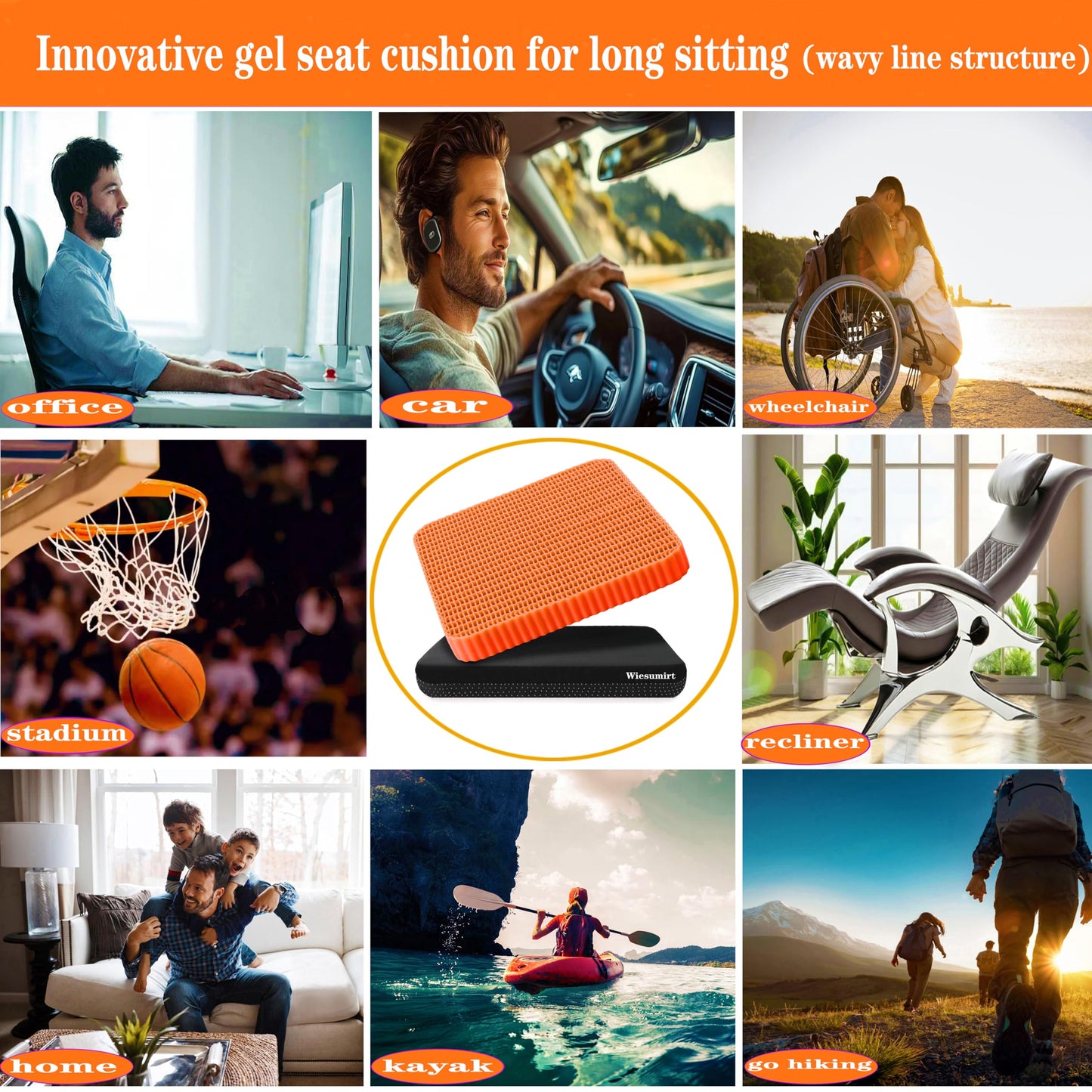 Innovative Gel Seat Cushion for Long Sitting, Breathable Grid Seat Cushion, Soft Cooling Support Chair Cushion for Office, Wheelchair, Car, Gel Cushion for Back, Sciatica,Tailbone Pain Relief.(orange)