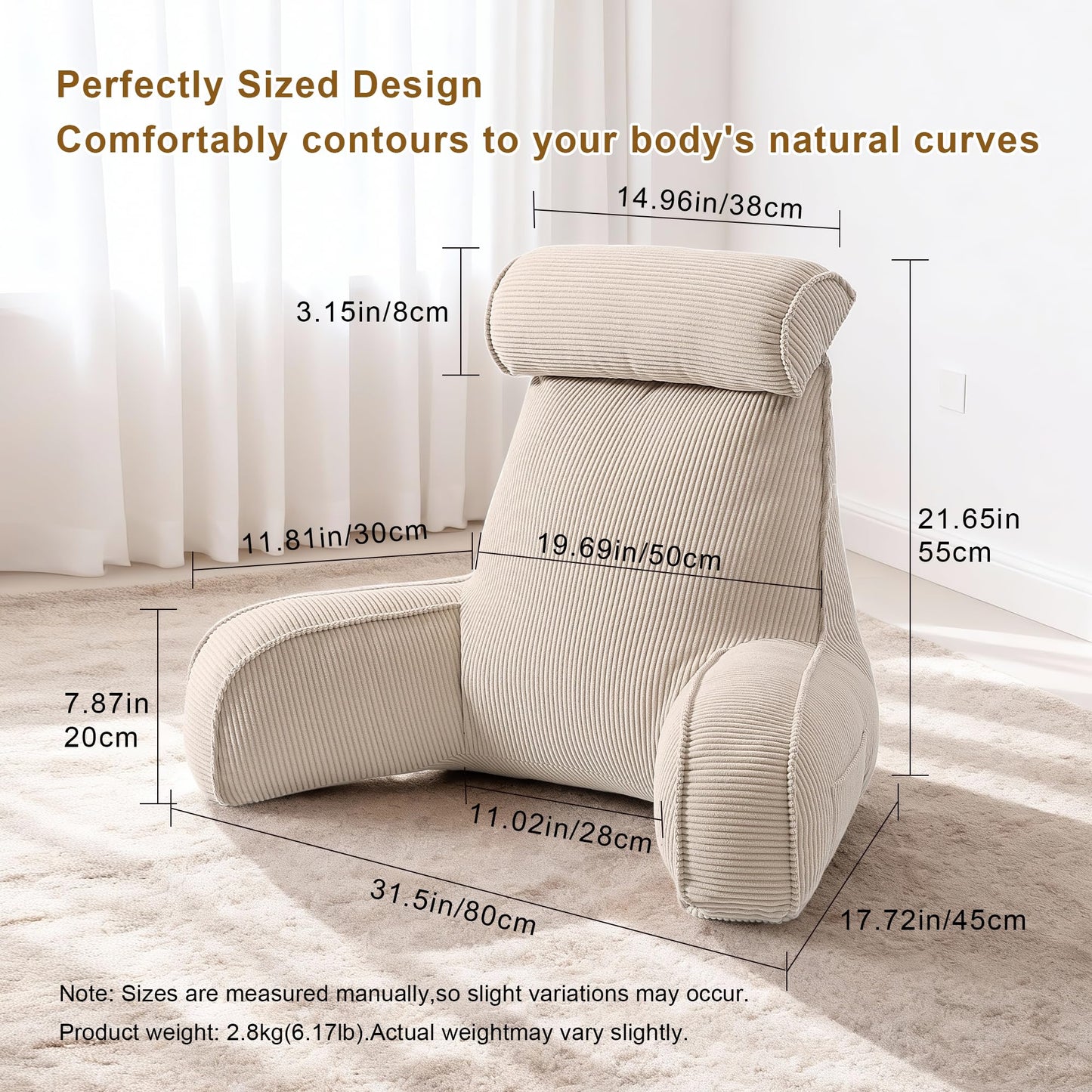 Ailuteie Reading Pillow for Sitting Up in Bed, Corduroy Backrest Pillow with Arms, Side Pocket & Washable Cover, Bed Rest Pillow Back Support for Adults, Beige Gray