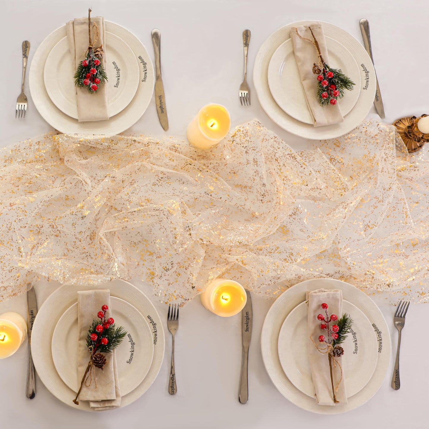 Snowkingdom 6Pcs 10 Ft Gold Table Runners, Sheer Chiffon Tulle Cheesecloth Golden Sequin Glitter Metallic Foil, Gold Party Table Decoration Centerpiece for Wedding Birthday Anniversary Christmas