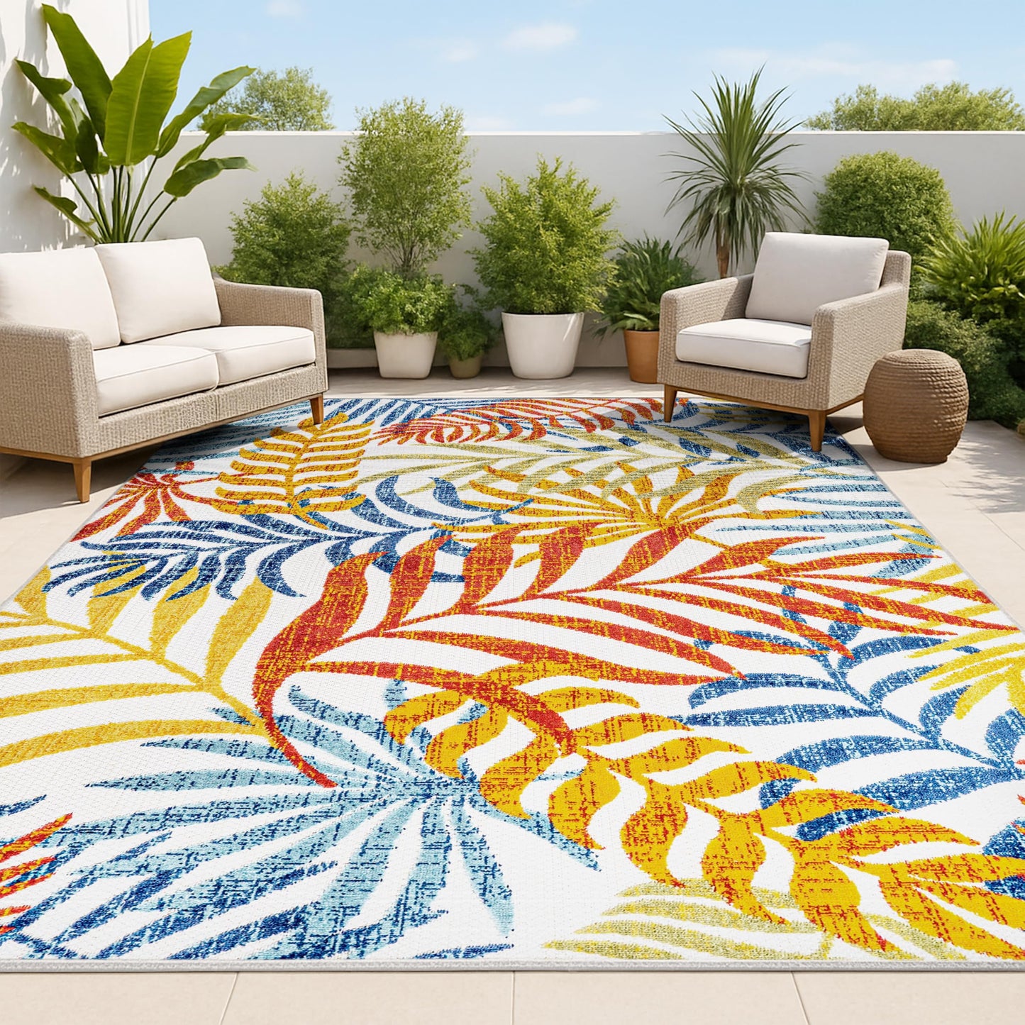 JONATHAN Y Tropics Palm Leaves Indoor Outdoor Area Rug 4X6 Cream/Orange, Boho for Backyard, Patio, Porch, Easy-Cleaning, High Traffic, Pet-Friendly, Non-Shedding (AMC100B-4)