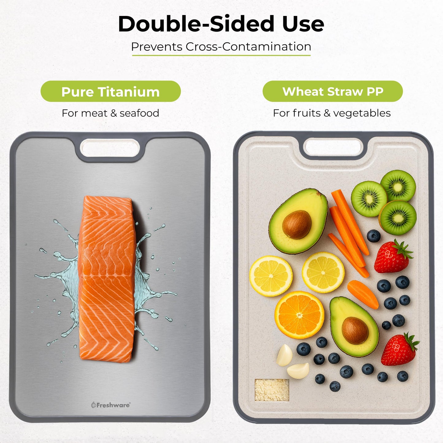Freshware Titanium Cutting Board for Kitchen, Double Sided and Non Slip Cutting Boards, Pure Titanium/PP, Chopping Board with Juice Grooves, Dishwasher Safe, Large 15.2" by 10.5"