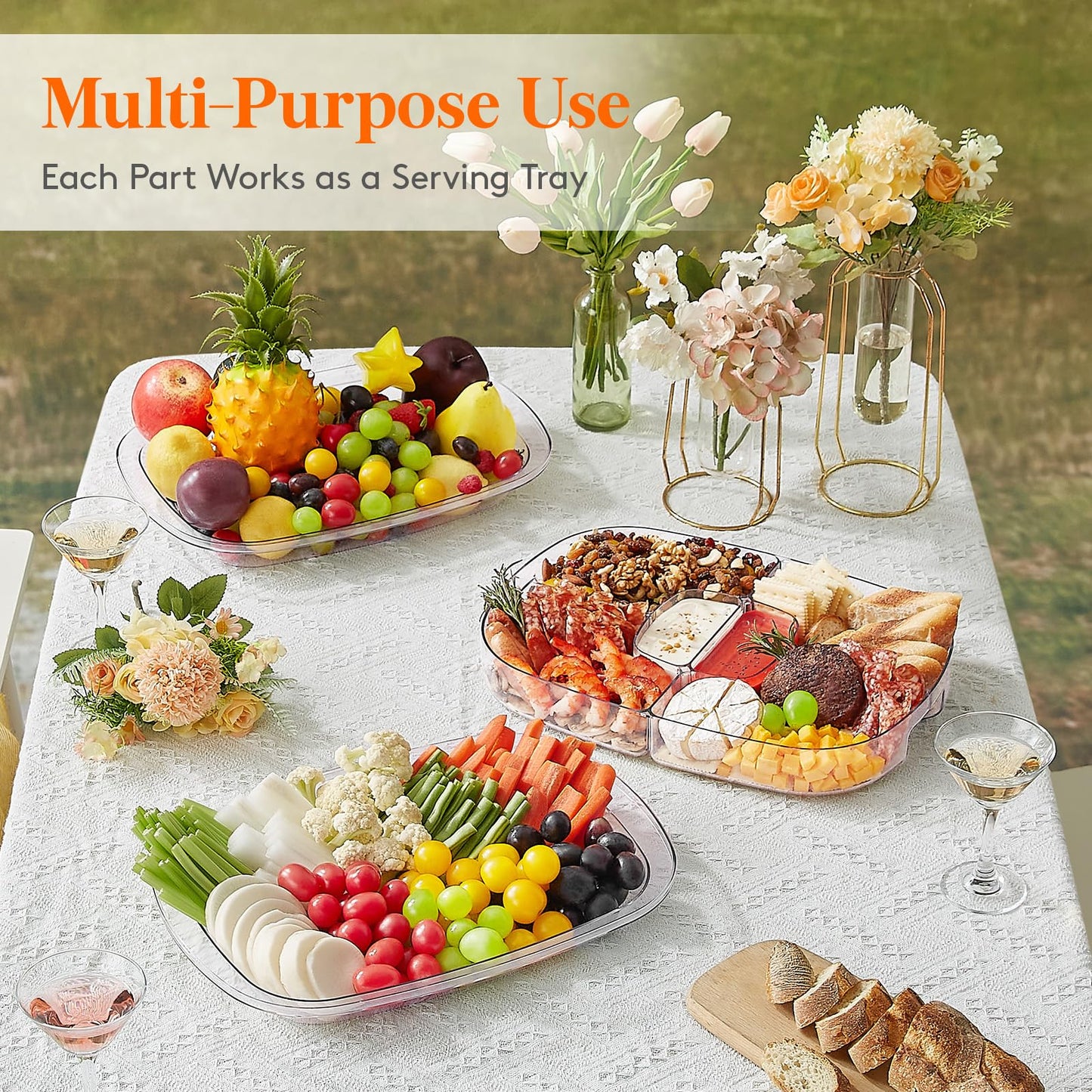 Lifewit Chilled Serving Tray for Parties, 15" Divided Shrimp Cocktail Serving Dish with Lid, Plastic Taco Platter, Ice Serving Bowl for Veggie, Fruit, Salad, Mimosa Bar Supplies in Party/Buffet