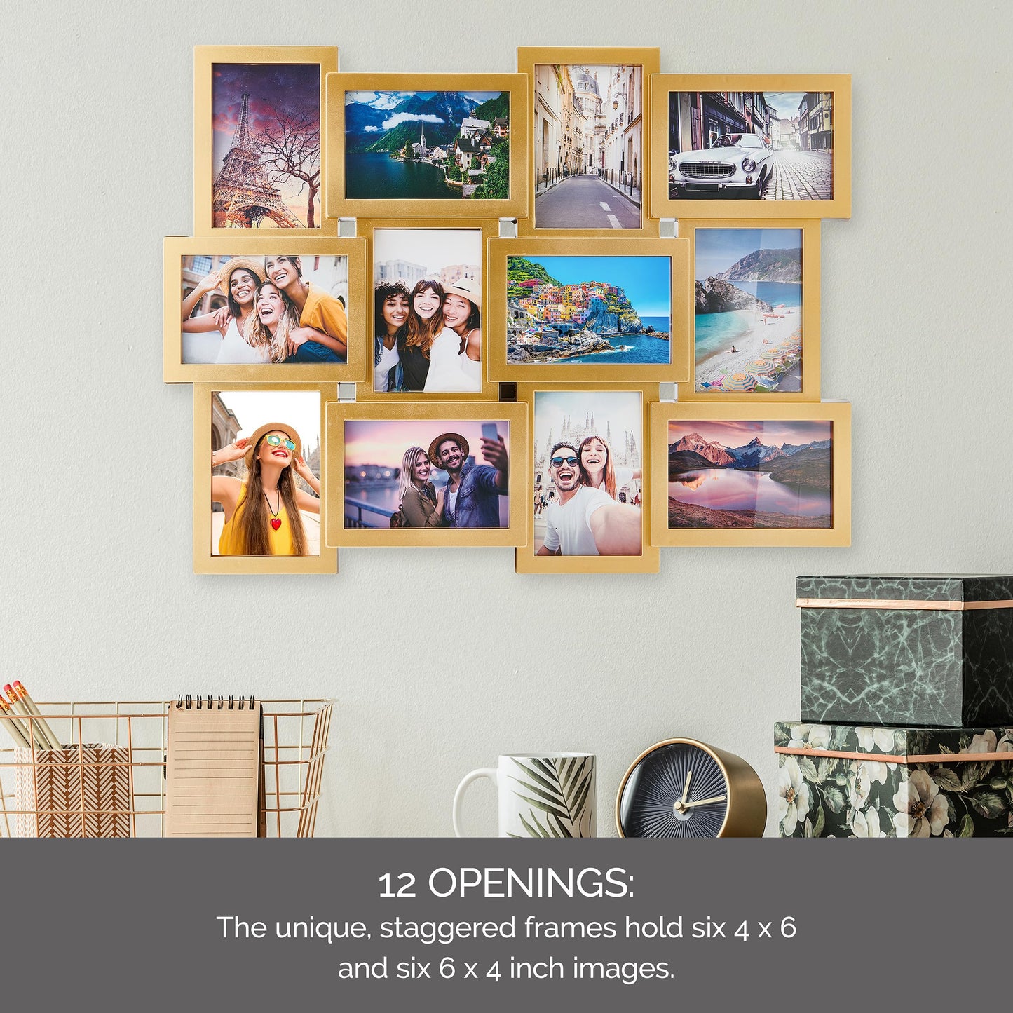 MELANNCO Collage Picture Frame for Wall, 12-Opening Gold Photo Display Holds Six 4x6 and Six 6x4 Photos, 23.25 x 18 Inch Wall Decor Collage Frame