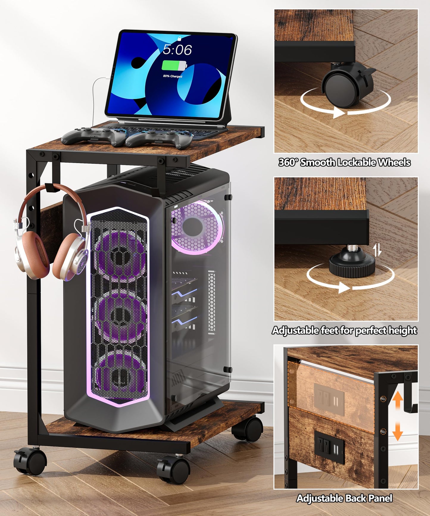 Akxomel 2 Tier Computer Tower Stand with Charging Station, 11.8" D x 16.5" W Rolling Floor PC Tower Stand Fits Under Desk, CPU Holder Cart for Carpet with Hooks, C Shaped End Table for Home Office