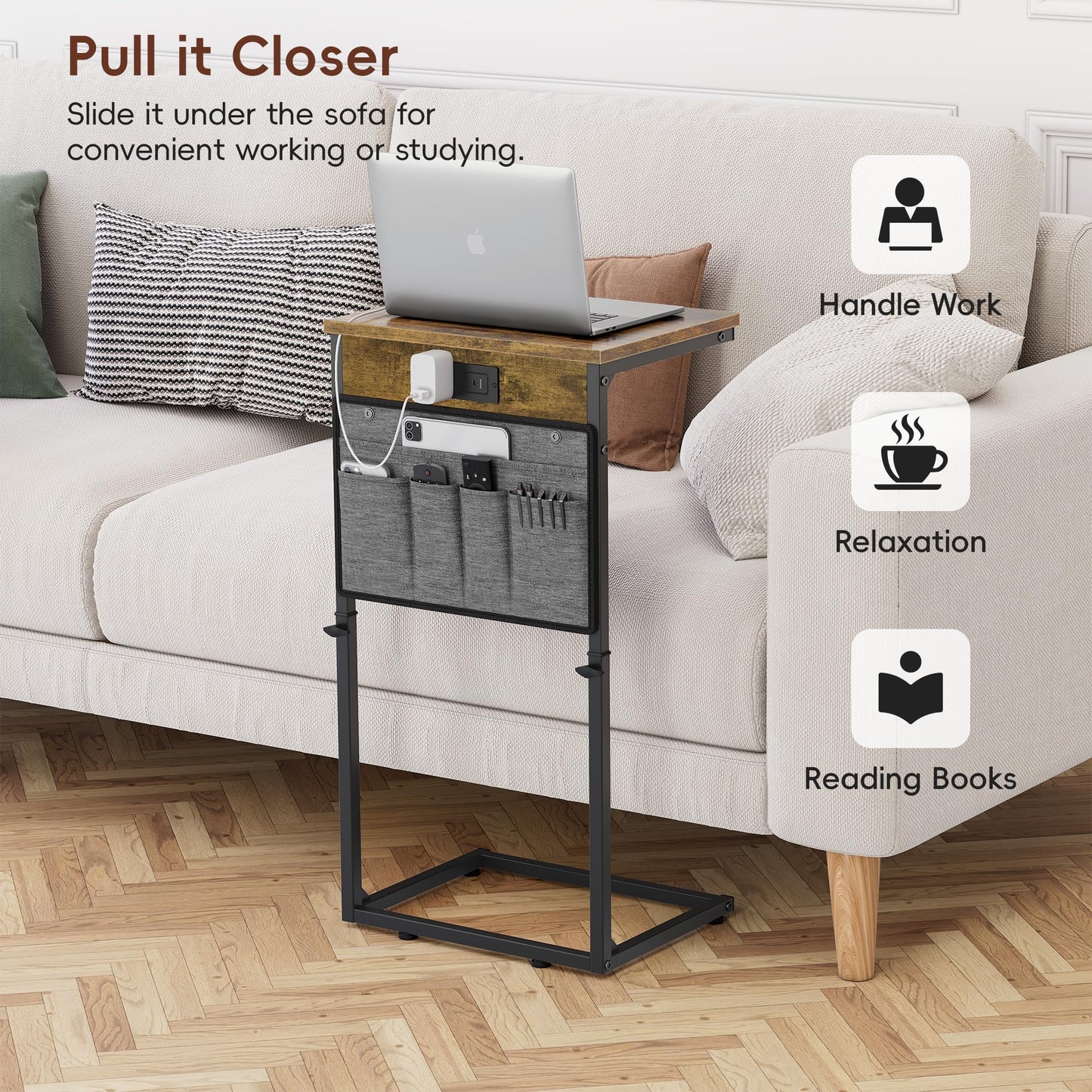 Vagusicc C Shaped End Table with Charging Station, 33" Tall Side Table for Couch, C Table End Table Adjustable Height Side Table TV Tray, Slide Under Sofa Couch Table for Living Room, Bedroom, Brown