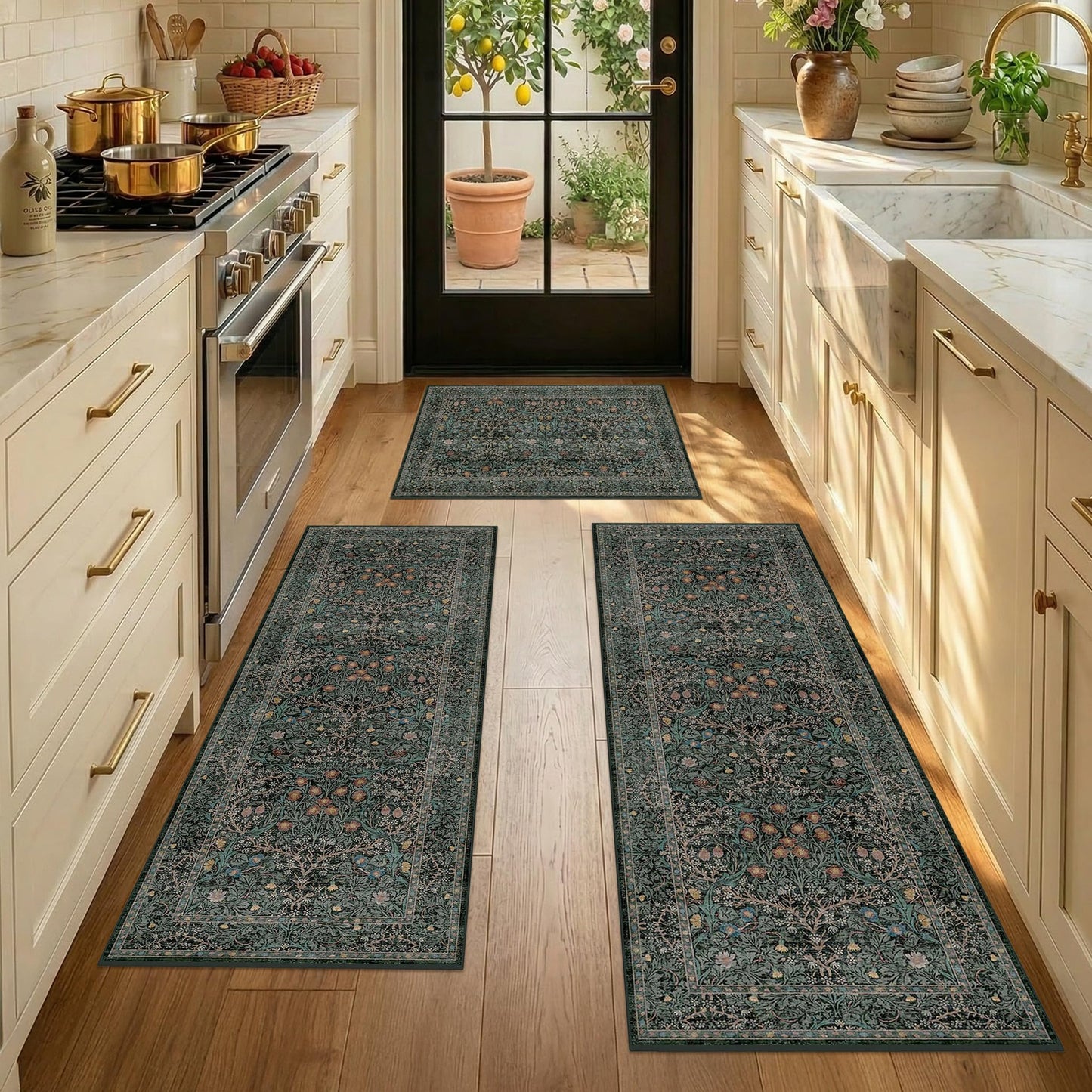 Black Green Kitchen Rug Set of 3, Washable Non-Slip Mats with Runner, Low Pile Vintage Botanical Floor Covering for Entryway, Bathroom, Hallway, Laundry Room