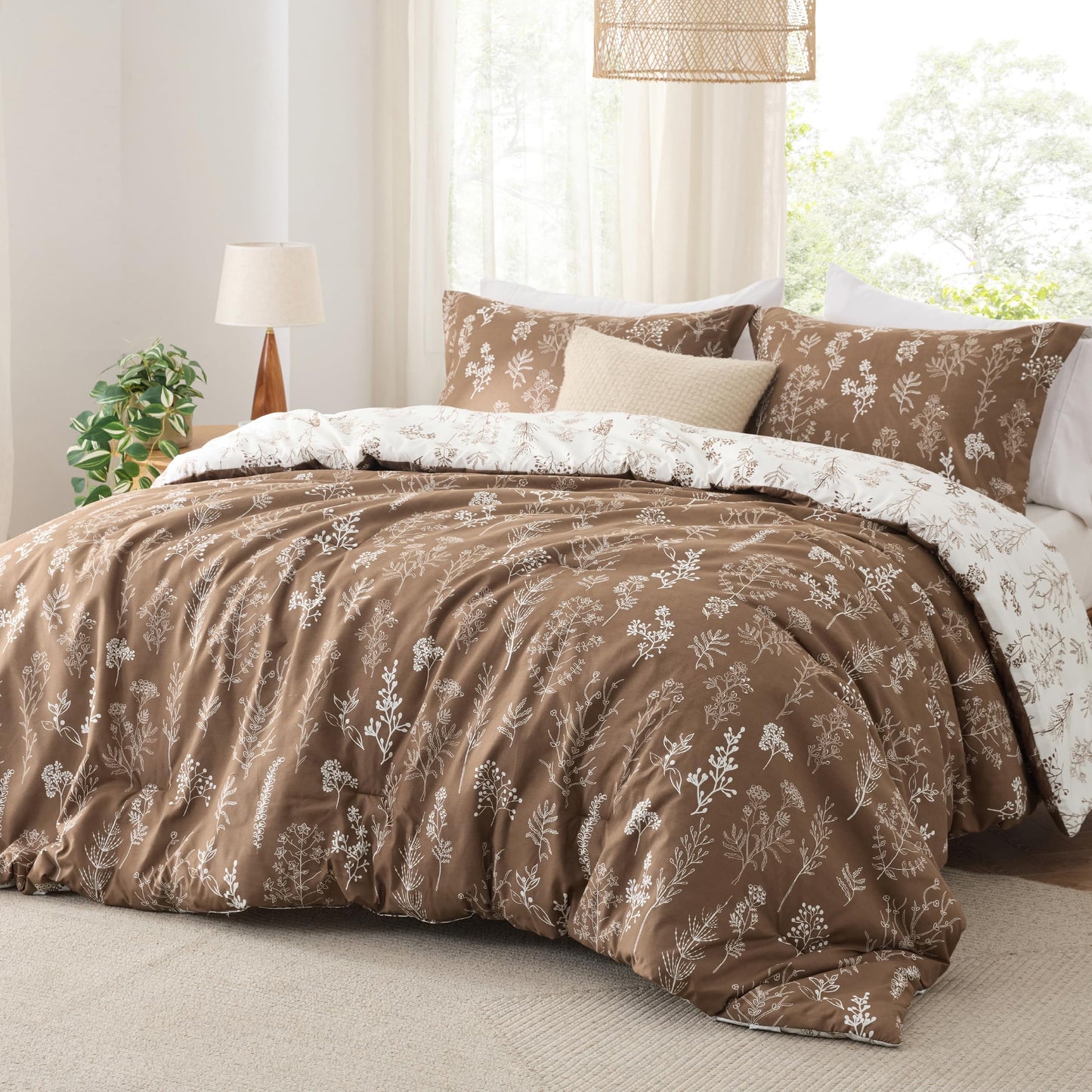 Bedsure Queen Comforter Set - Dark Brown Bed Set, 3 Pieces Cute Floral Bedding, 1 Soft Reversible Botanical Flowers Comforter and 2 Pillow Shams