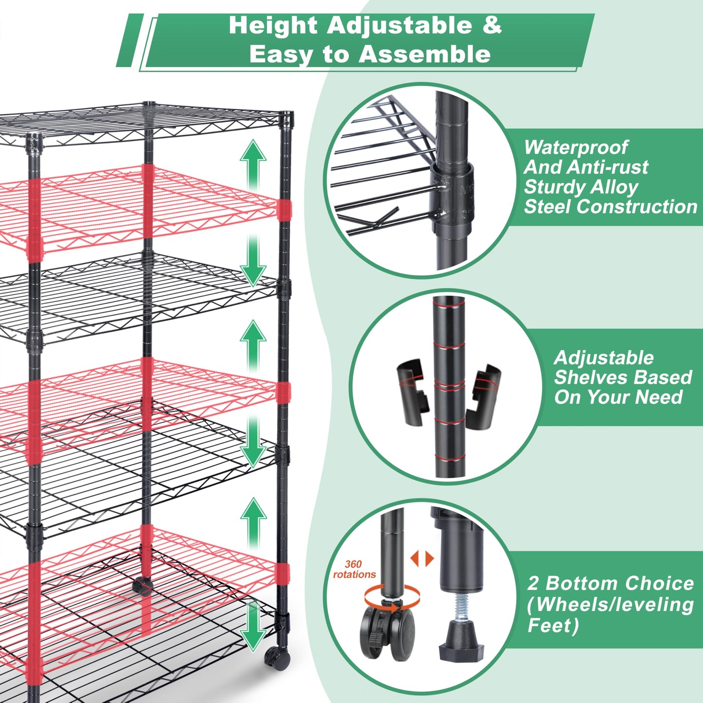 Whitmor 4 Tier Shelving Unit, Adjustable Storage Shelves with Wheels, Wire Shelving, 400 lbs Capacity per Shelf, Max 1600 lbs Total for Laundry, Kitchen, Garage, 24" L x 14" W x 47" H, Black