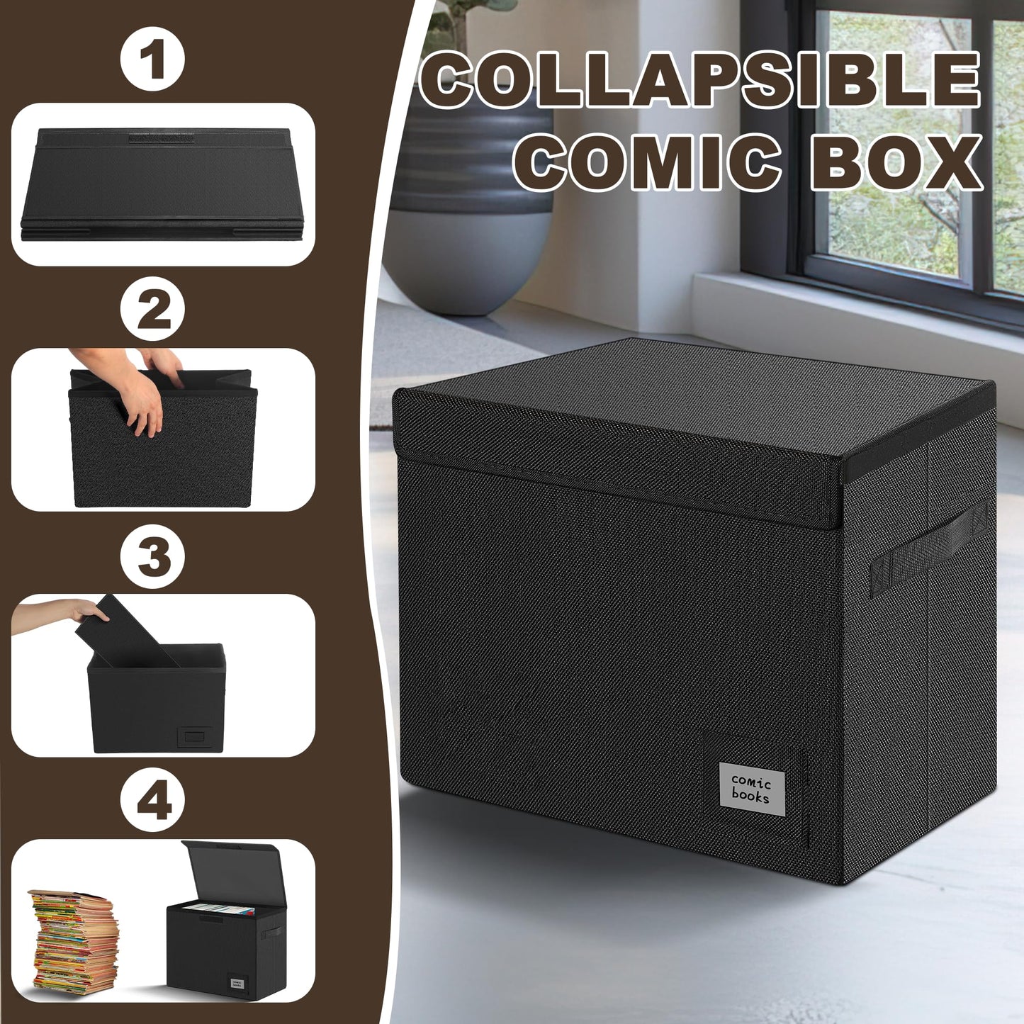 Leffis 3 Pack Comic Book Storage, Comic Book Box Collapsible and Stackable Comic Short Box with Lid and Label Slot 15.5" X 7.5" X 11.3" Holds 150 Comics (Black)