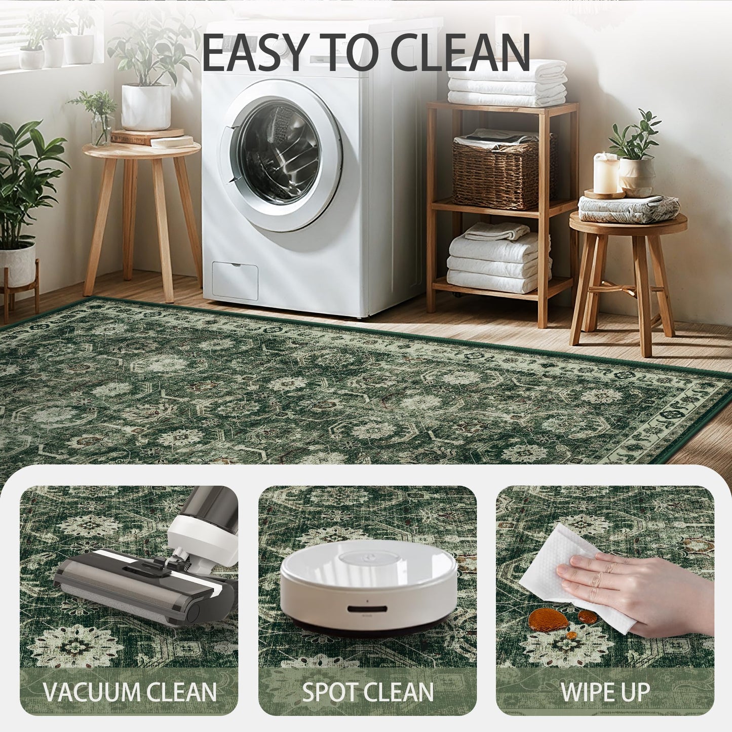 Woodbruy 5x7 Area Rugs, Soft Non Slip Low Pile Washable Rug, Boho Modern Rug for Living Room, Bedroom, Dining Room, Sage Green