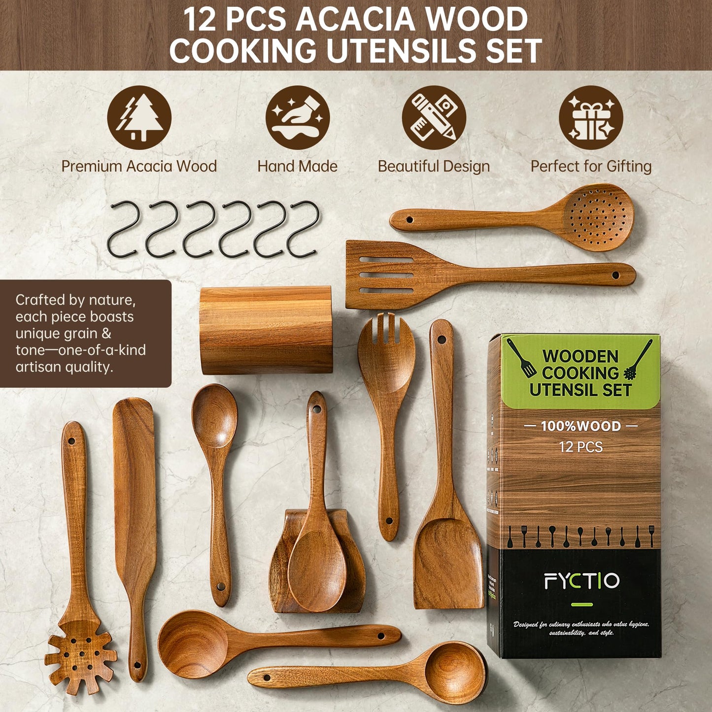 FYCTIO Wooden Utensil Set 12 PCS - Natural Non-Toxic Acacia Wooden Spoons for Cooking, Nonstick, Sturdy, Easy to Clean, Wood Kitchen Utensils Set with Holder, Spoon Rest & 6 Hooks, Ideal for Gifting