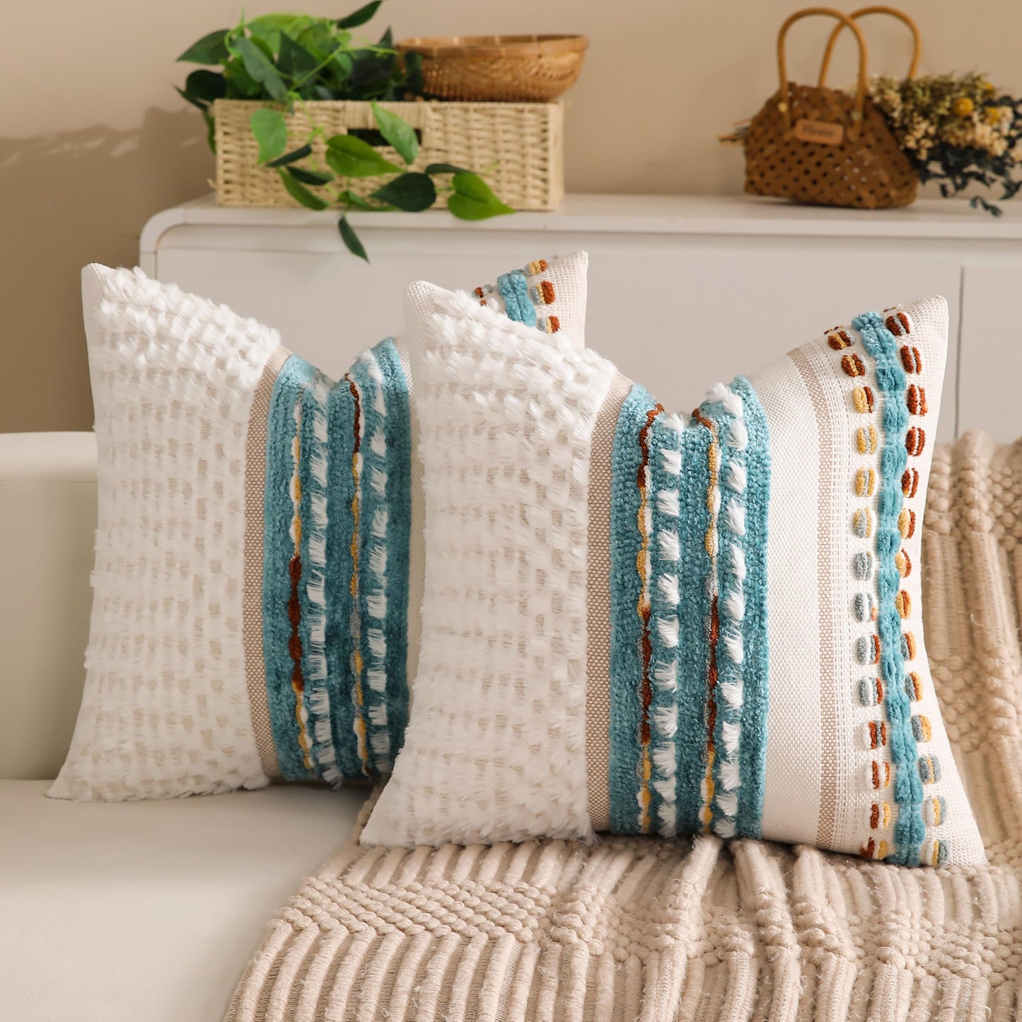 KOOLIFE Boho Chenille Tufted Couch Throw Pillow Covers 18x18 Inch Set of 2 Farmhouse Striped Decorative Pillow Covers Accent Neutral Pillowcase Teal Cushion Cover for Living Room Sofa Bed