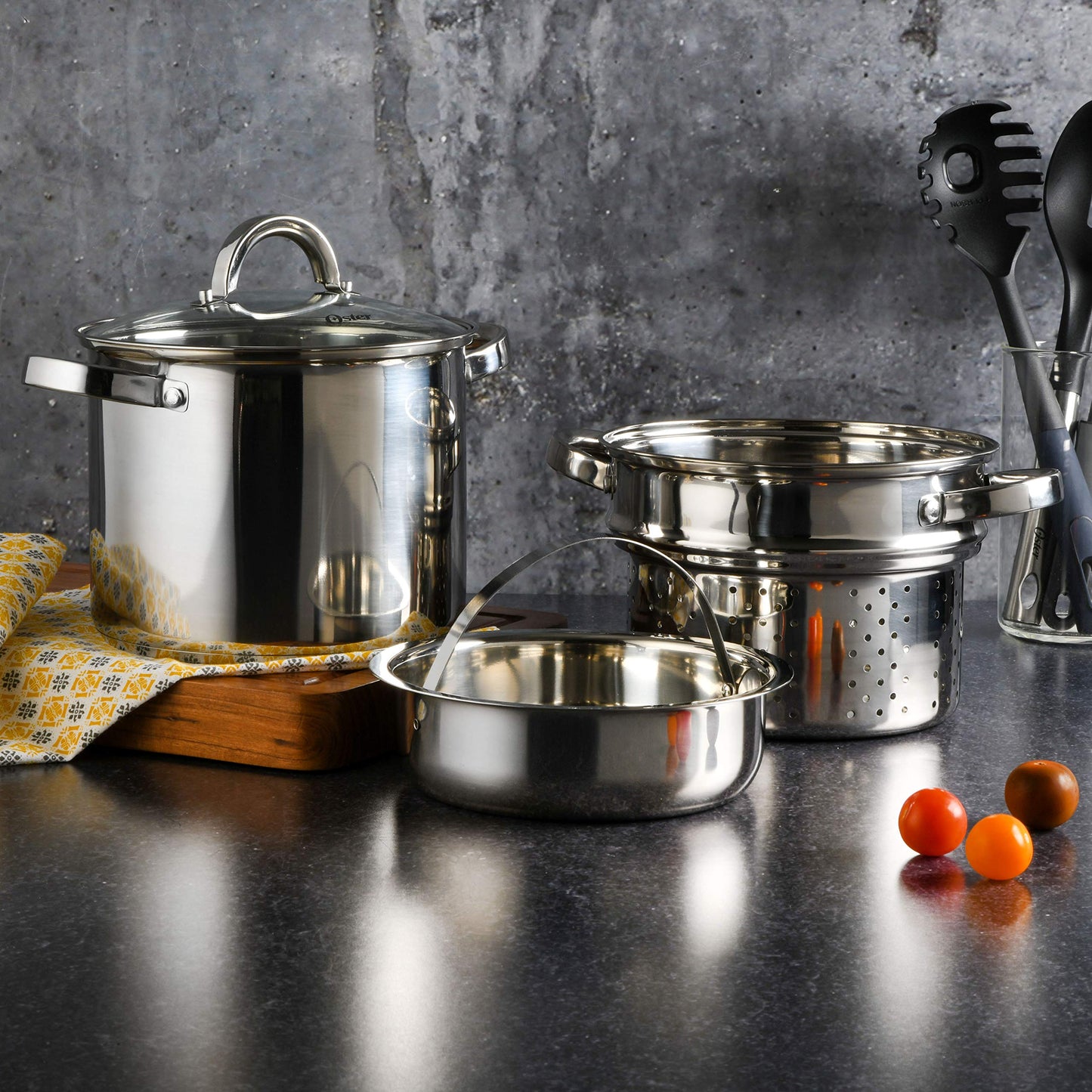 Oster Sangerfield 5-Quart Stainless Steel Pasta Pot Set with Steamer Basket and Lid – Durable Kitchen Cookware for Boiling and Steaming