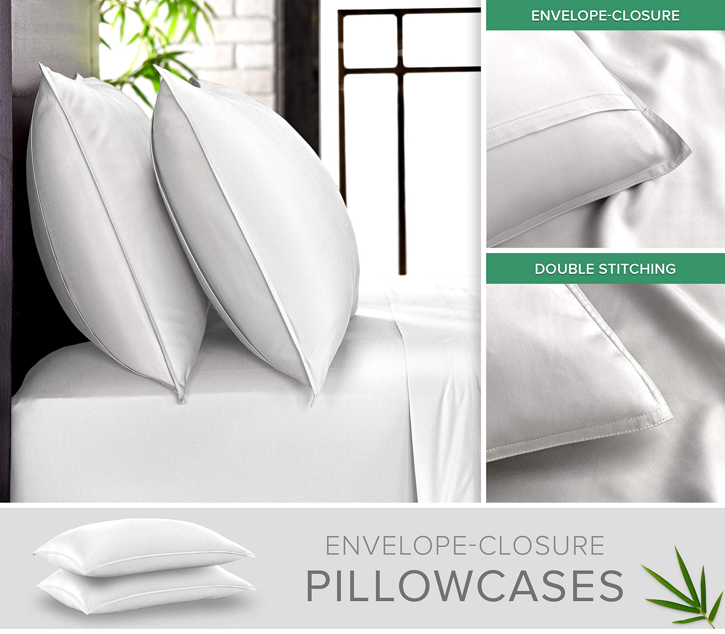 Queen Pillowcases by Pure Bamboo, Genuine 100% Organic Viscose Derived from Bamboo, Luxuriously Soft & Cooling, Double Stitching, Envelope Closure (2 Queen Pillowcases, White)