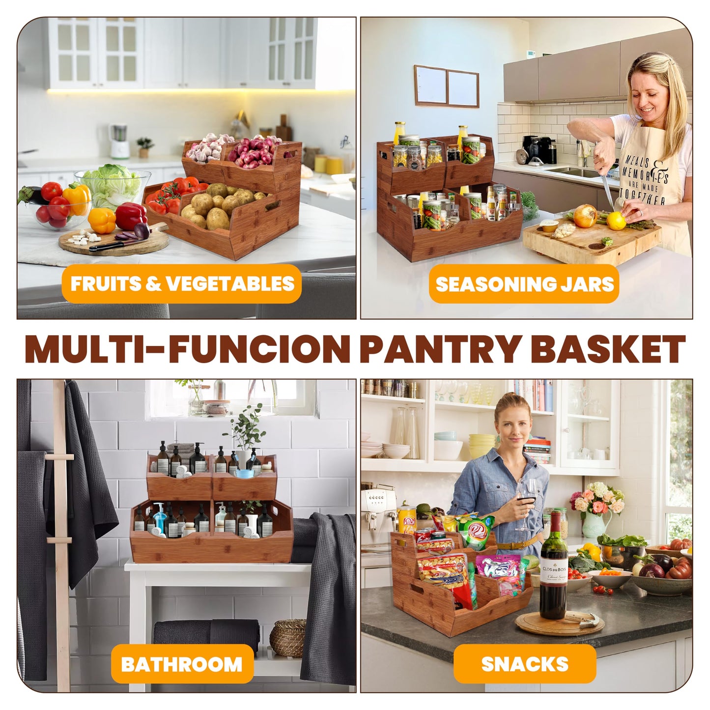 [Upgraded] 2-tier Stackable Bamboo Pantry Storage Bins, Potato and Onion Storage Baskets with Handles, Removable Divider, Pantry Organizer Holder for Kitchen, Office, Cabinet, Fruit Storage (Walnut)